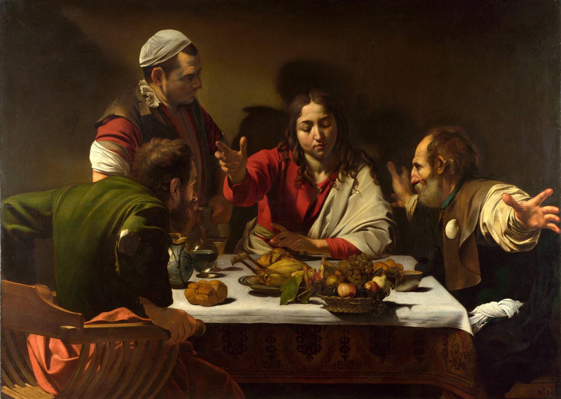 Supper at Emmaus by Caravaggio | Giclée canvas premium print with hand-applied brush strokes for an authentic look | Golden vintage frame FOSHE ART