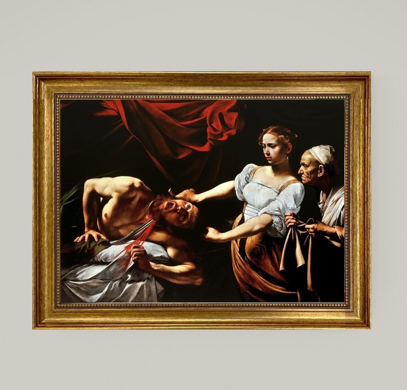 Caravaggio's iconic art: Judith Beheading Holofernes  | 3D Hand-Finished Premium Print on Canvas Brush Strokes | Golden vintagous frame FOSHE ART