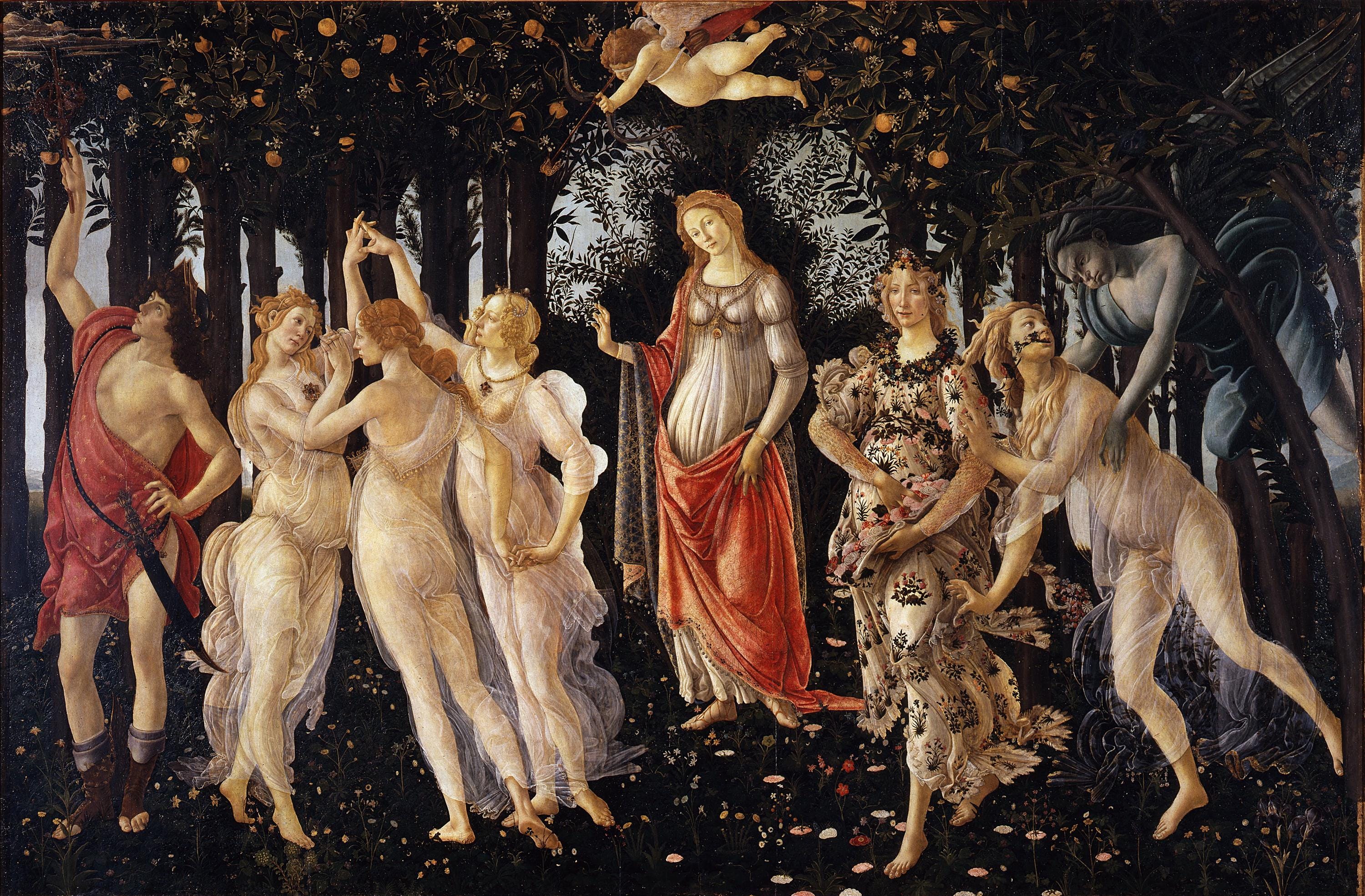 Botticelli La Primavera Canvas Print with Brush Stroke Finish: Museum Quality Giclée Reproduction, Framed FOSHE ART