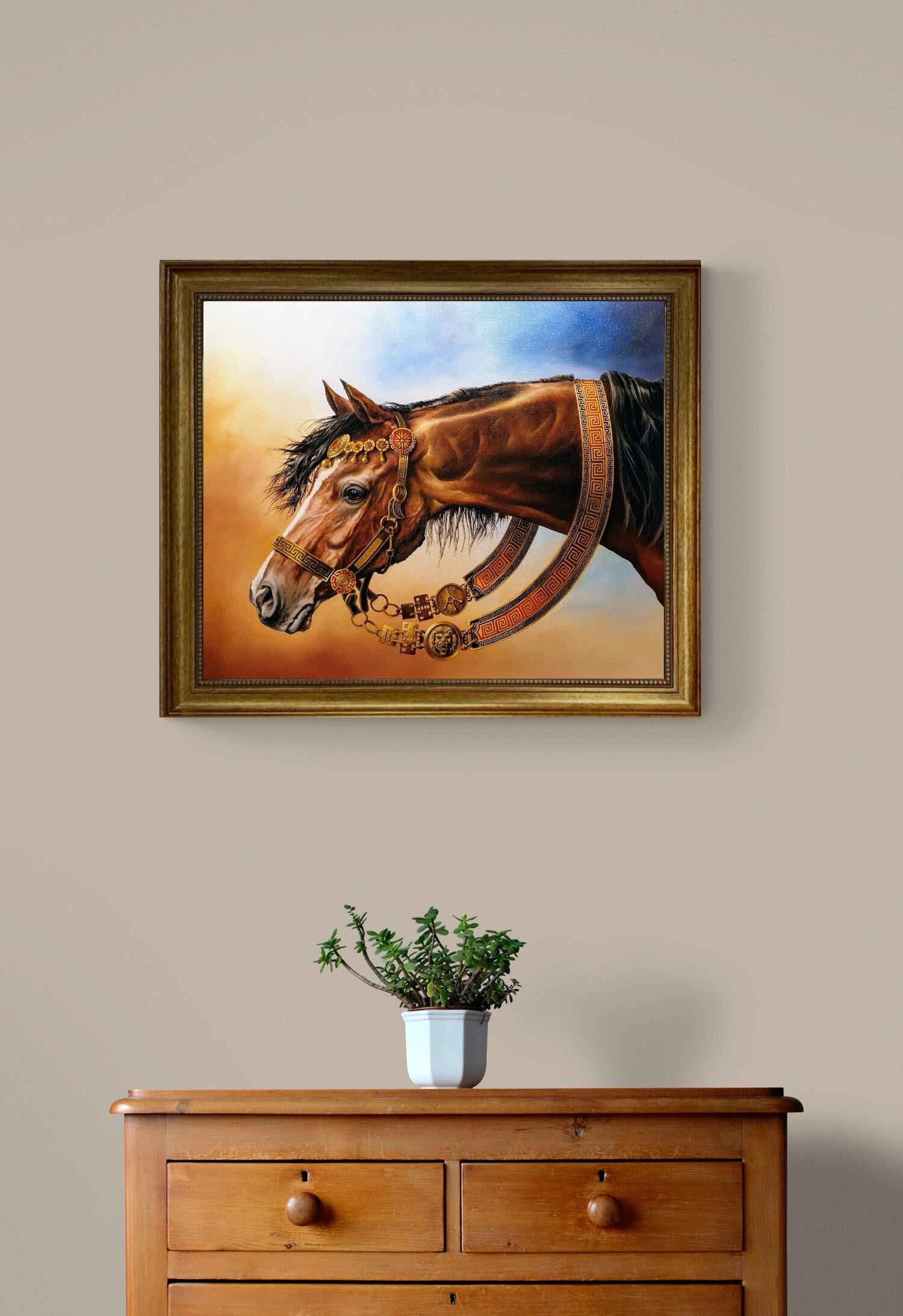 Bucephalus Art Print | Alexander the Great's Horse, 3D Hand-Finished Canvas Print, Vintage Golden Frame FOSHE ART