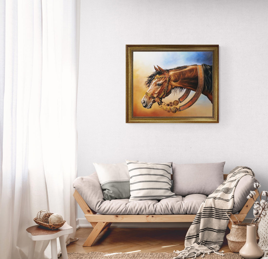 Bucephalus Art Print | Alexander the Great's Horse, 3D Hand-Finished Canvas Print, Vintage Golden Frame FOSHE ART