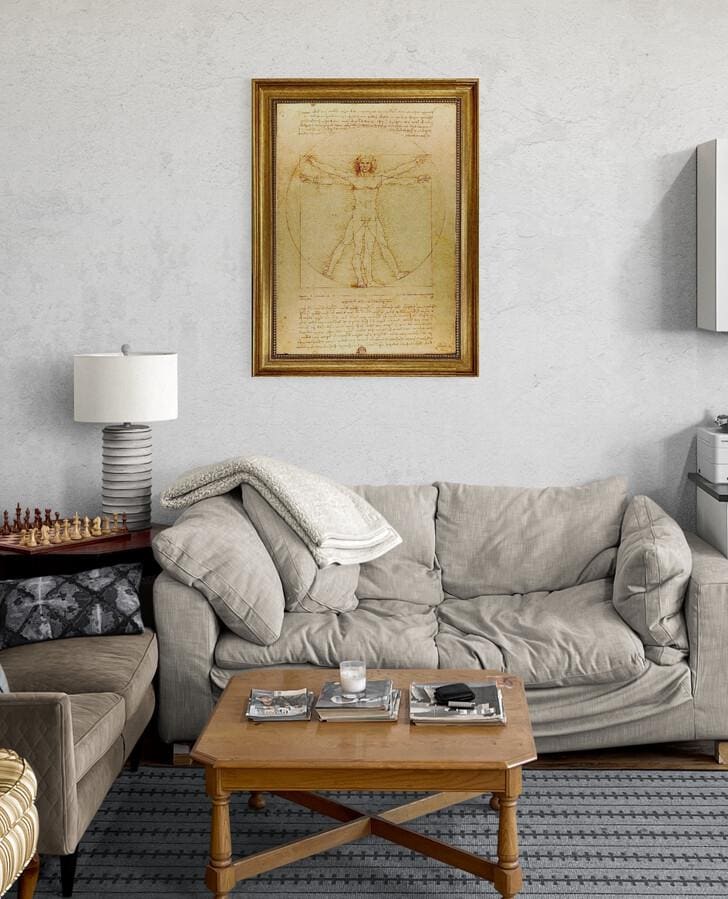 Vitruvian Man Framed Canvas Giclée Print: Da Vinci Masterpiece with Hand-Applied Brush Strokes FOSHE ART