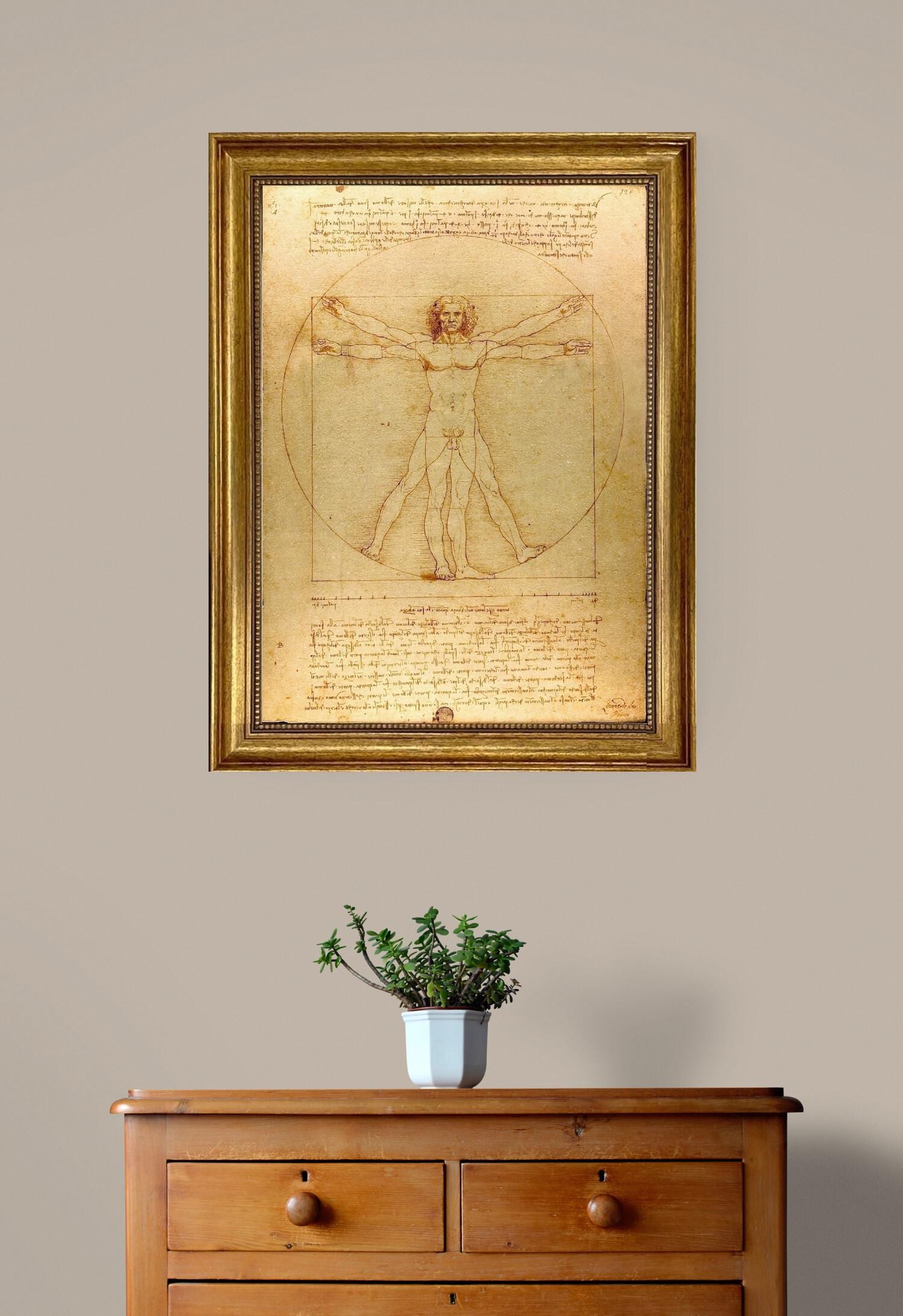 Vitruvian Man Framed Canvas Giclée Print: Da Vinci Masterpiece with Hand-Applied Brush Strokes FOSHE ART