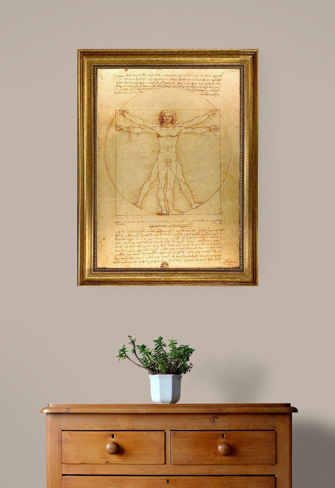Vitruvian Man Framed Canvas Giclée Print: Da Vinci Masterpiece with Hand-Applied Brush Strokes FOSHE ART