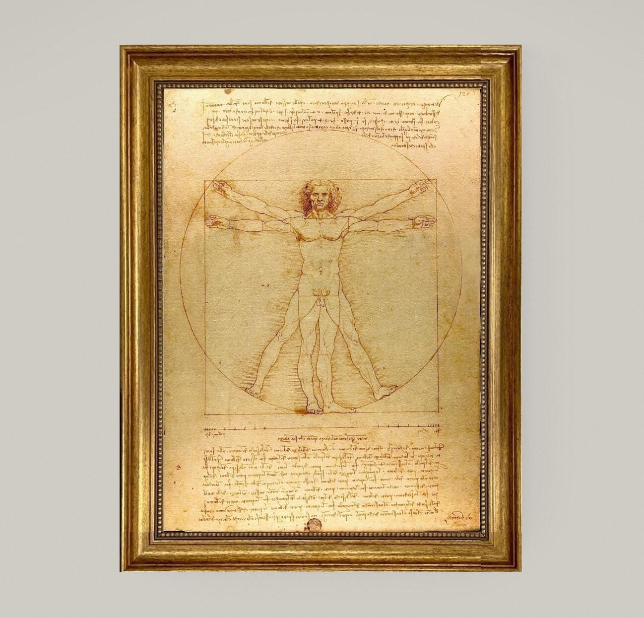 Vitruvian Man Da Vinci’s Masterpiece | Framed Gliclée canvas with hand-applied brush strokes and golden vintage frame | looks like original FOSHE ART