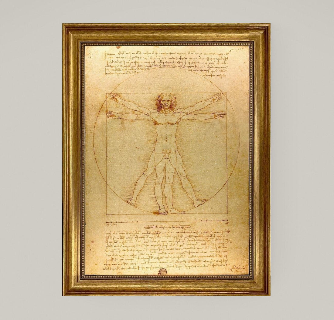 Vitruvian Man Framed Canvas Giclée Print: Da Vinci Masterpiece with Hand-Applied Brush Strokes FOSHE ART