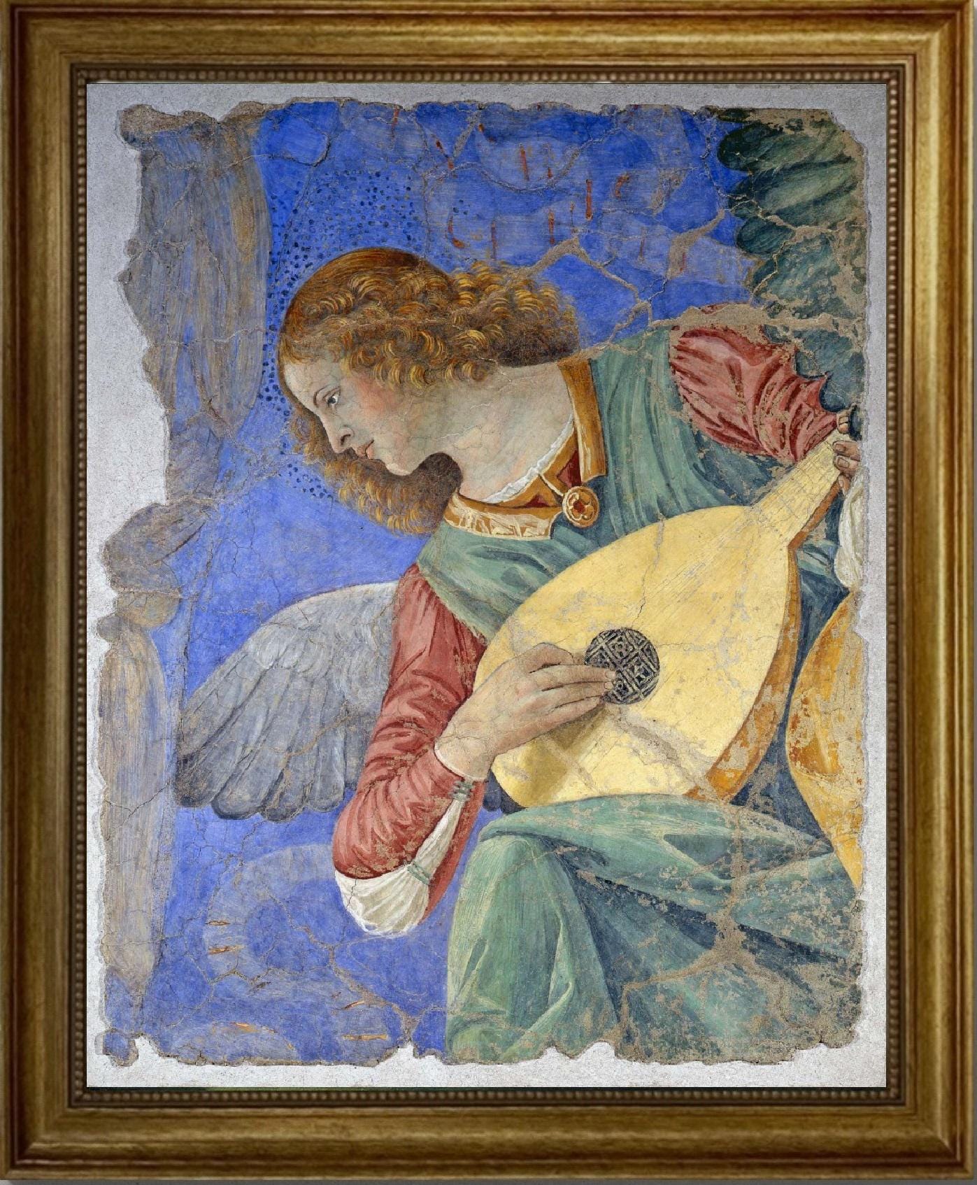 Musical Angel by Melozzo da Forlì, Giclee Premium Art Print on Canvas with brush strokes and vintageous golden frame looks like original art FOSHE ART