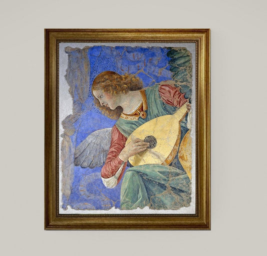 Musical Angel by Melozzo da Forlì, Giclee Premium Art Print on Canvas with brush strokes and vintageous golden frame looks like original art FOSHE ART