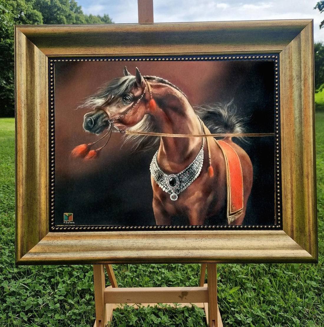 Arabian Horse Canvas Print with Hand-Applied Brush Strokes, Gold Wooden Frame FOSHE ART
