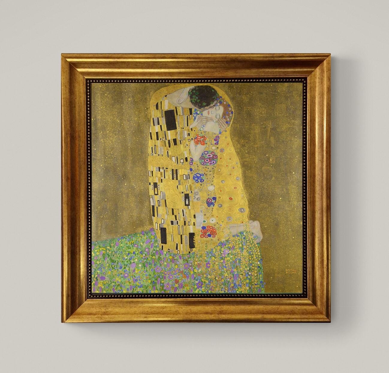 Gustav Klimt The Kiss Giclée Canvas Print: Hand-Textured, Golden Vintage Frame FOSHE ART