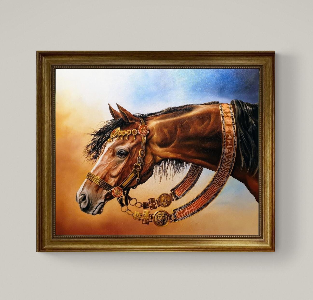 BUCEPHALUS Alexander the Great horse Framed Gliclée canvas with hand-applied brush strokes and golden vintageous frame | looks like original FOSHE ART