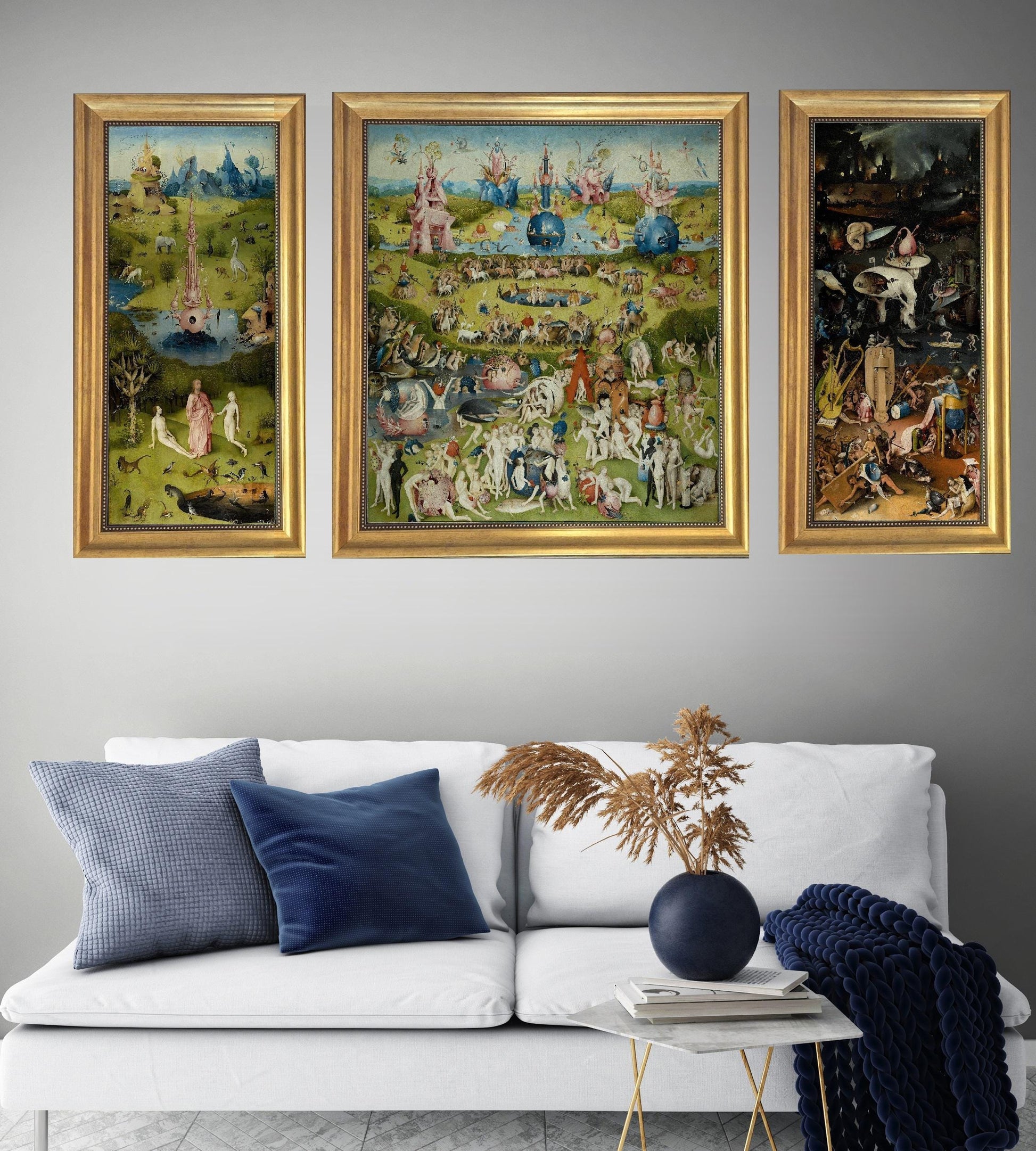 Hieronymus Bosch Triptych Canvas Print: Garden of Earthly Delights, Vintage Golden Frame FOSHE ART