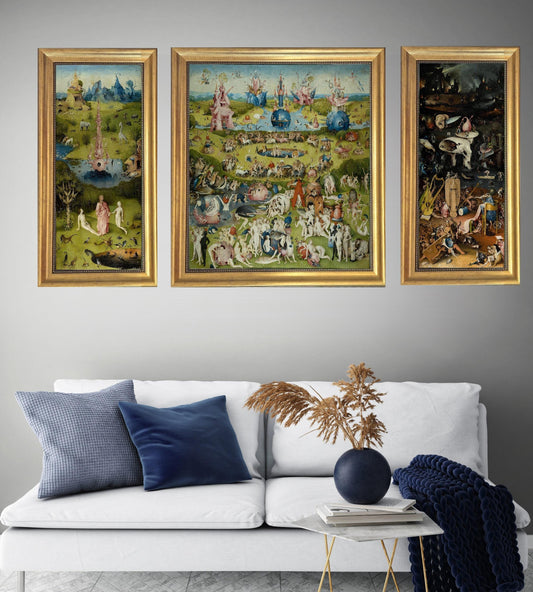 Hieronymus Bosch Triptych Canvas Print: Garden of Earthly Delights, Vintage Golden Frame FOSHE ART