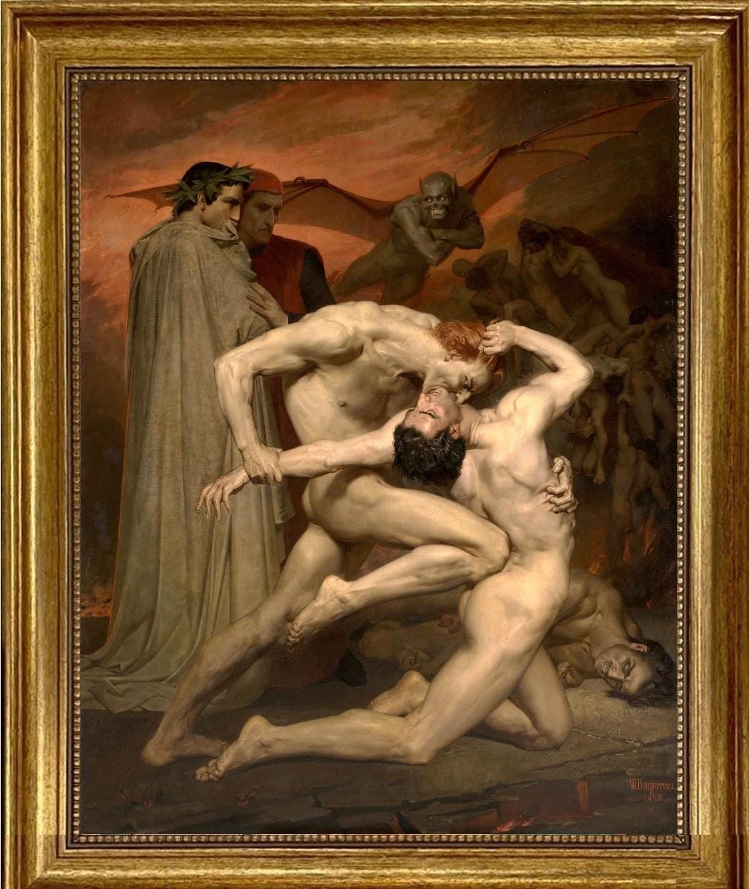 Dante & Virgil in Hell  by W. Bouguereau | Framed Premium Reproduction Print on canvas with brush strokes | looks like original oil painting FOSHE ART