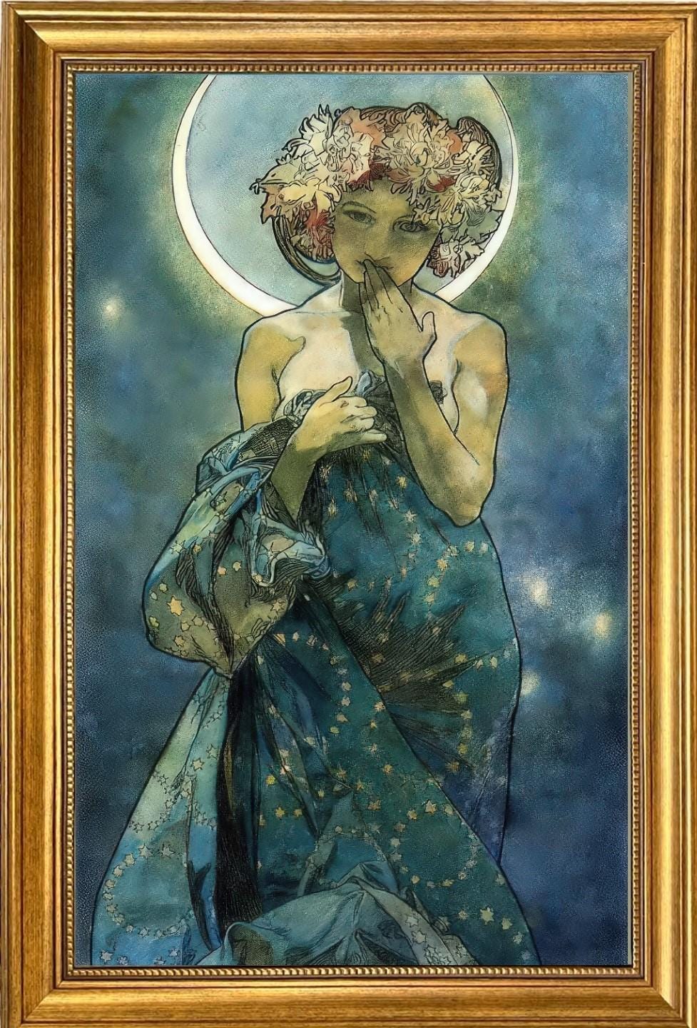 Alphonse Mucha 'Moon and Stars' Framed Canvas Print: Vintage Golden Frame FOSHE ART