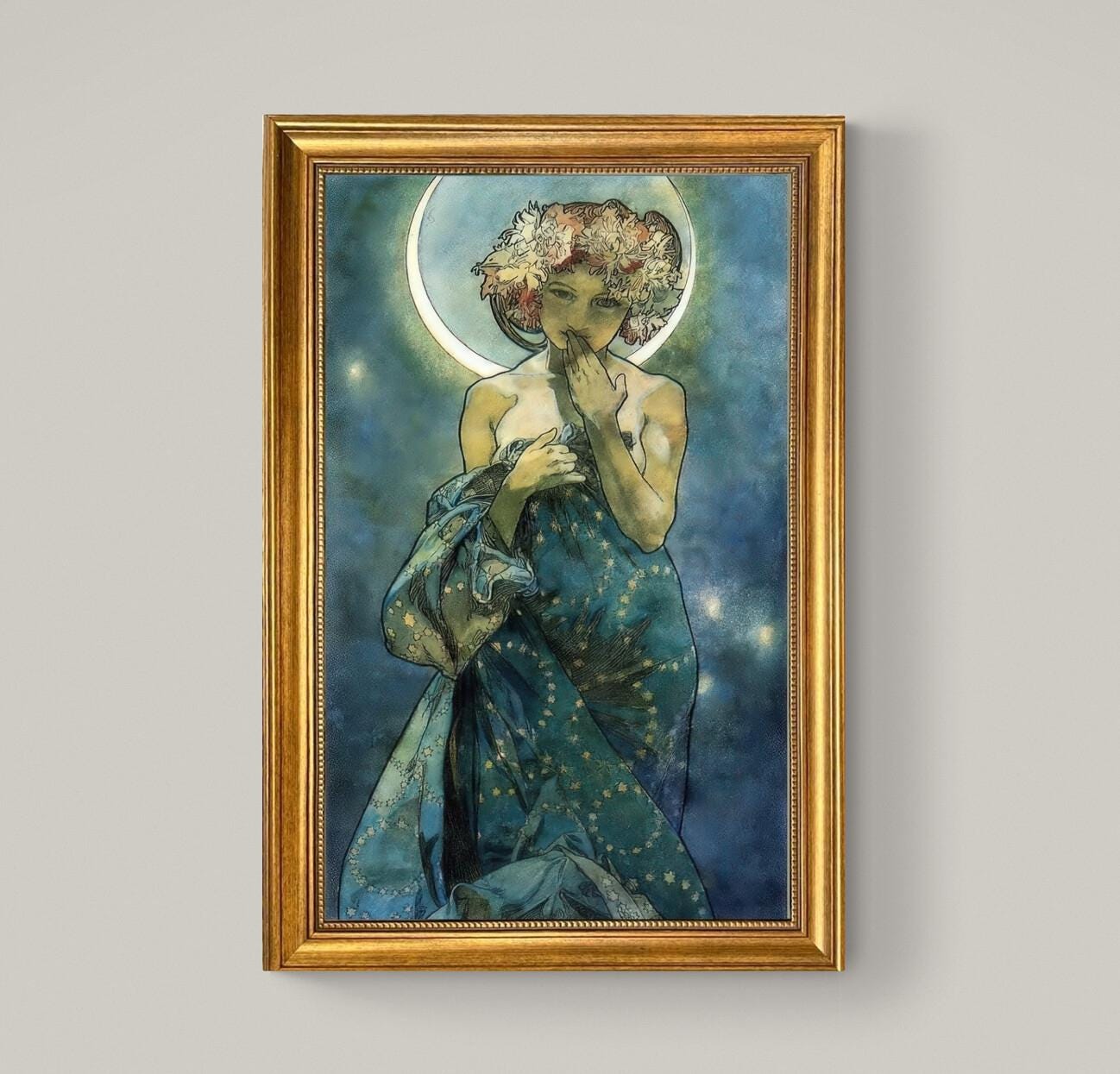 Alphonse Mucha 'Moon and Stars' Framed Canvas Print: Vintage Golden Frame FOSHE ART
