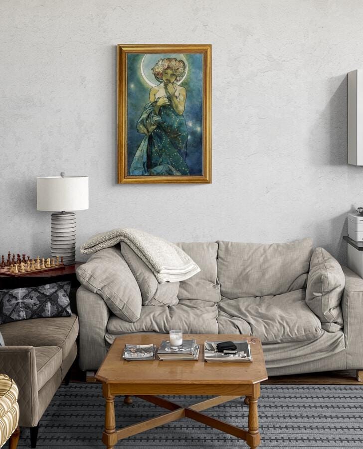 Alphonse Mucha 'Moon and Stars' Framed Canvas Print: Vintage Golden Frame FOSHE ART