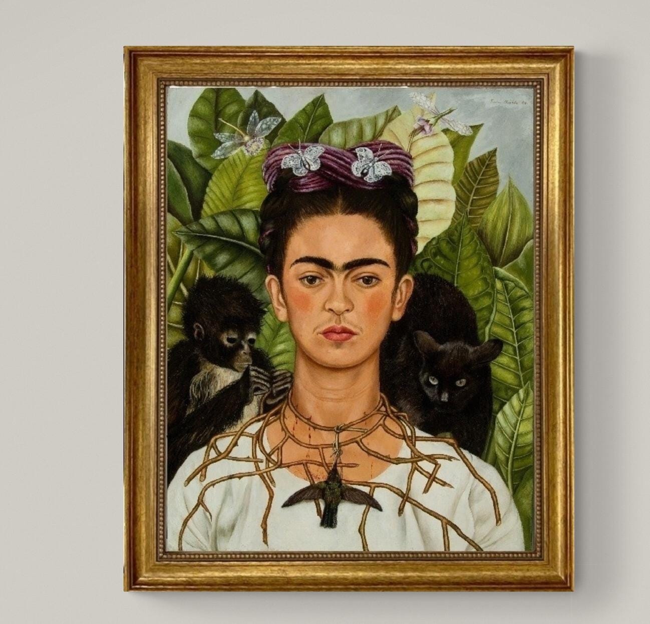 Frida Kahlo Self-Portrait Print: Necklace of Thorns, Framed Canvas Reproduction FOSHE ART