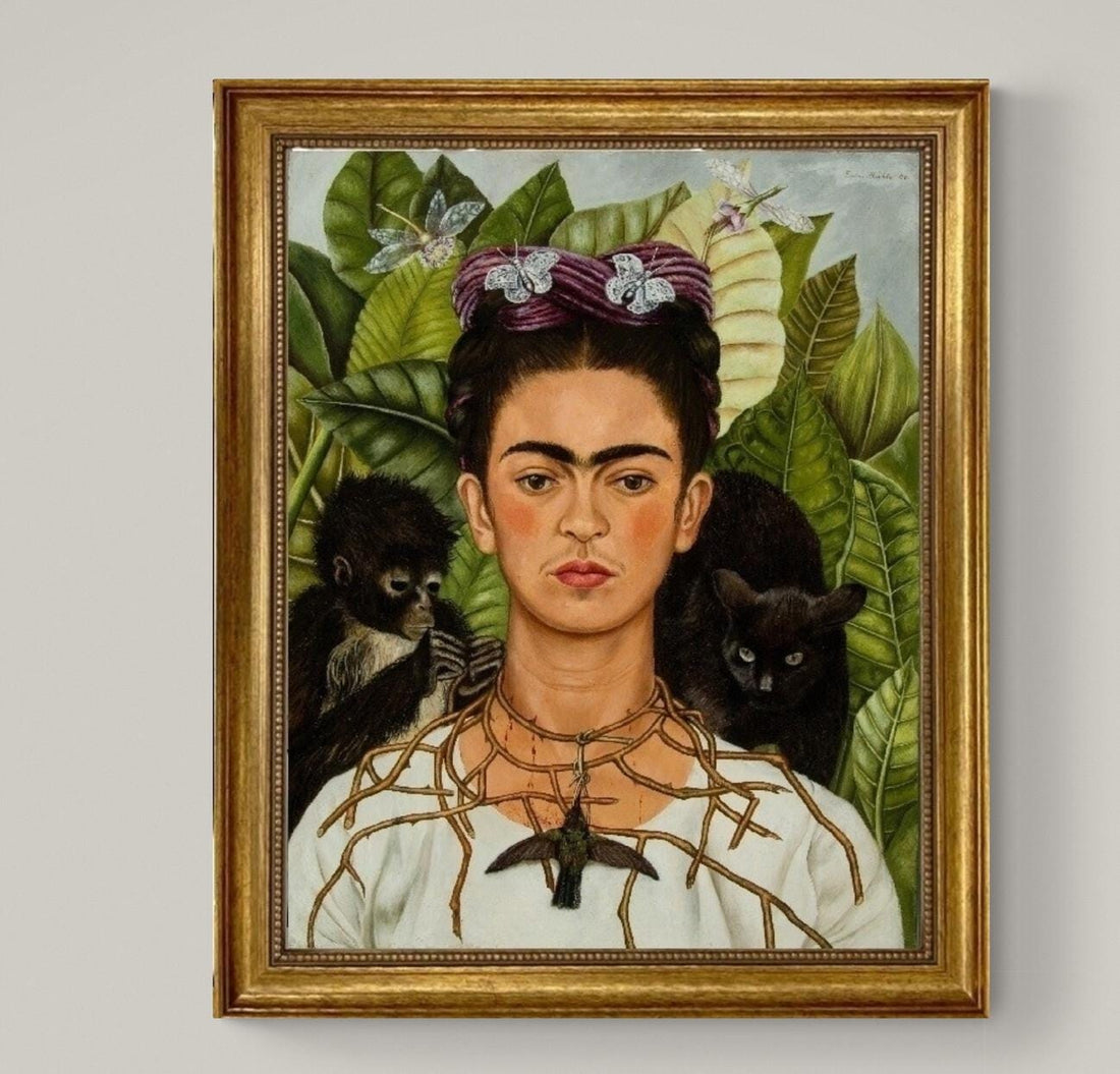 Frida Kahlo Self-Portrait Print: Necklace of Thorns, Framed Canvas Reproduction FOSHE ART