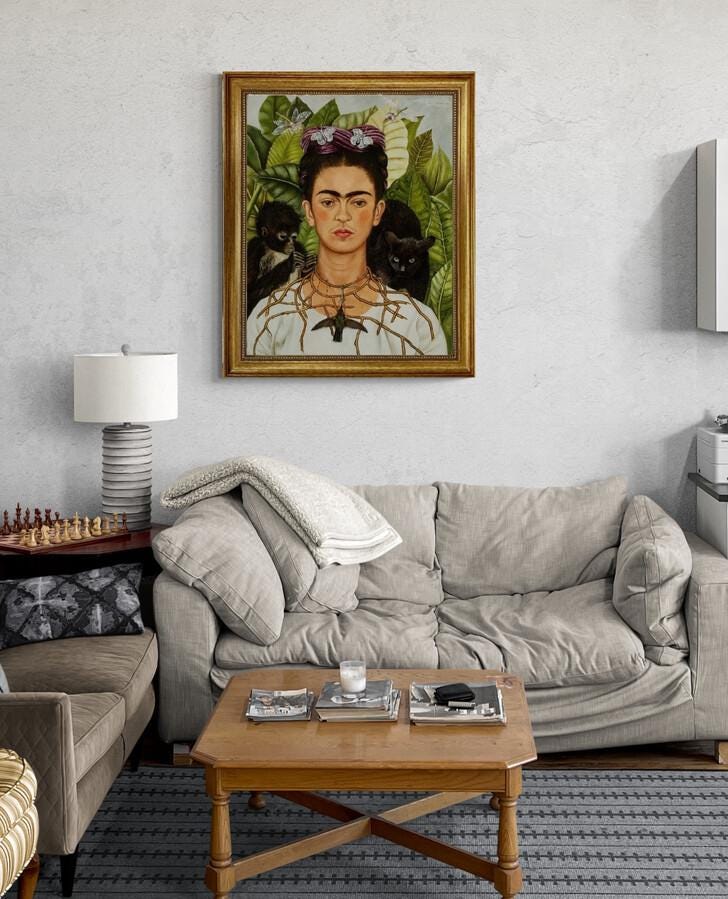 Frida Kahlo Self-Portrait Print: Necklace of Thorns, Framed Canvas Reproduction FOSHE ART