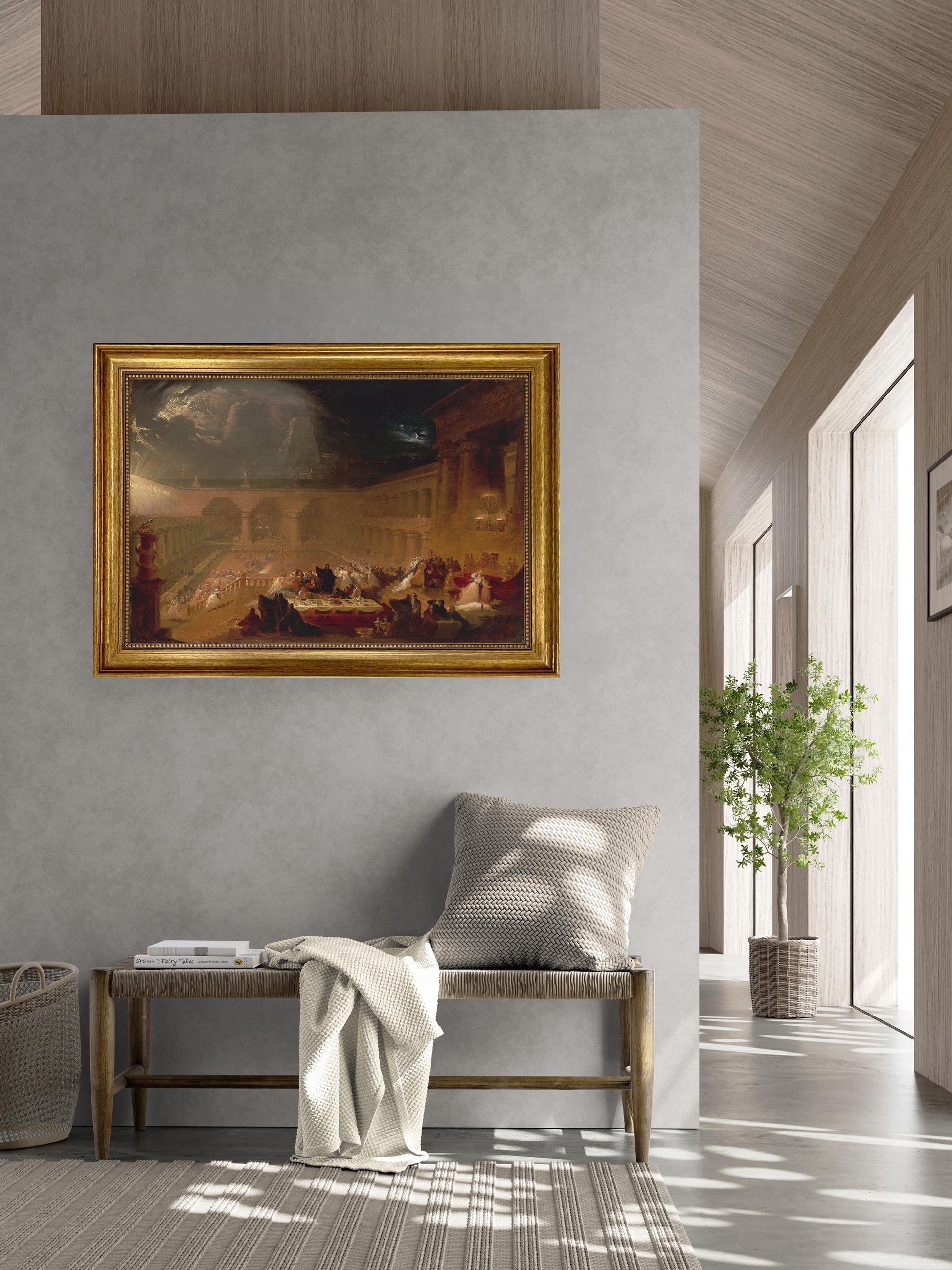 Belshazzar's Feast by John Martin, Canvas Giclée Print, 3D Hand-finish with brush strokes, looks like original art with Golden Vintage Frame FOSHE ART