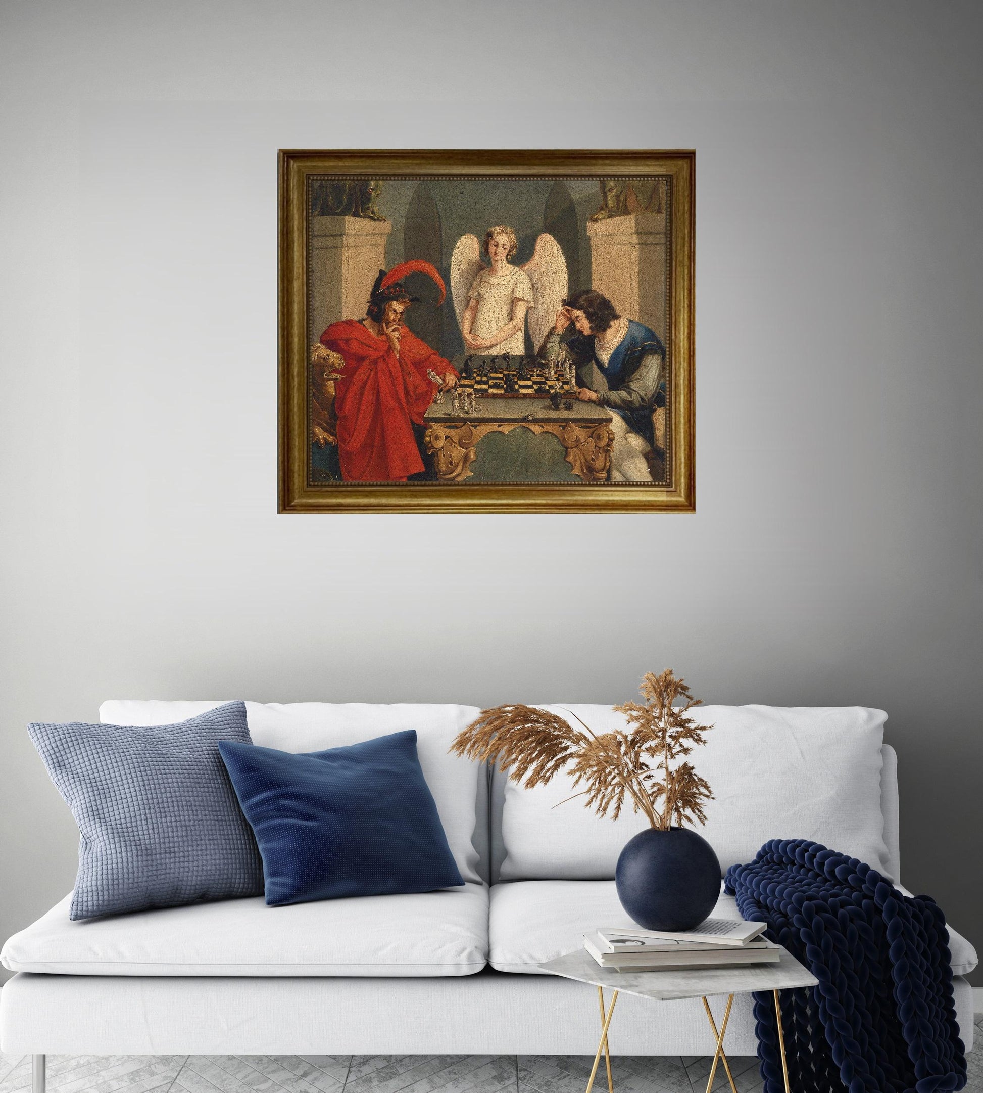 Faust & Mephistopheles Playing Chess by Moritz Retzsch, 3D Hand-finish canvas with brush strokes, looks like original, Golden Vintage Frame FOSHE ART