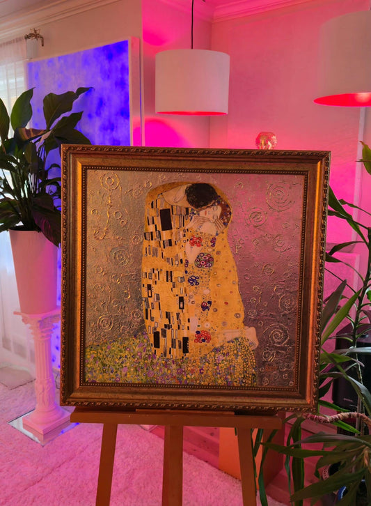Frame Gustav Klimt The Kiss Exclusive Reproduction, Fine Art Canvas Print with Hand-Textured 24 Carat Gold Leaves, Vintage Golden Frame FOSHE ART