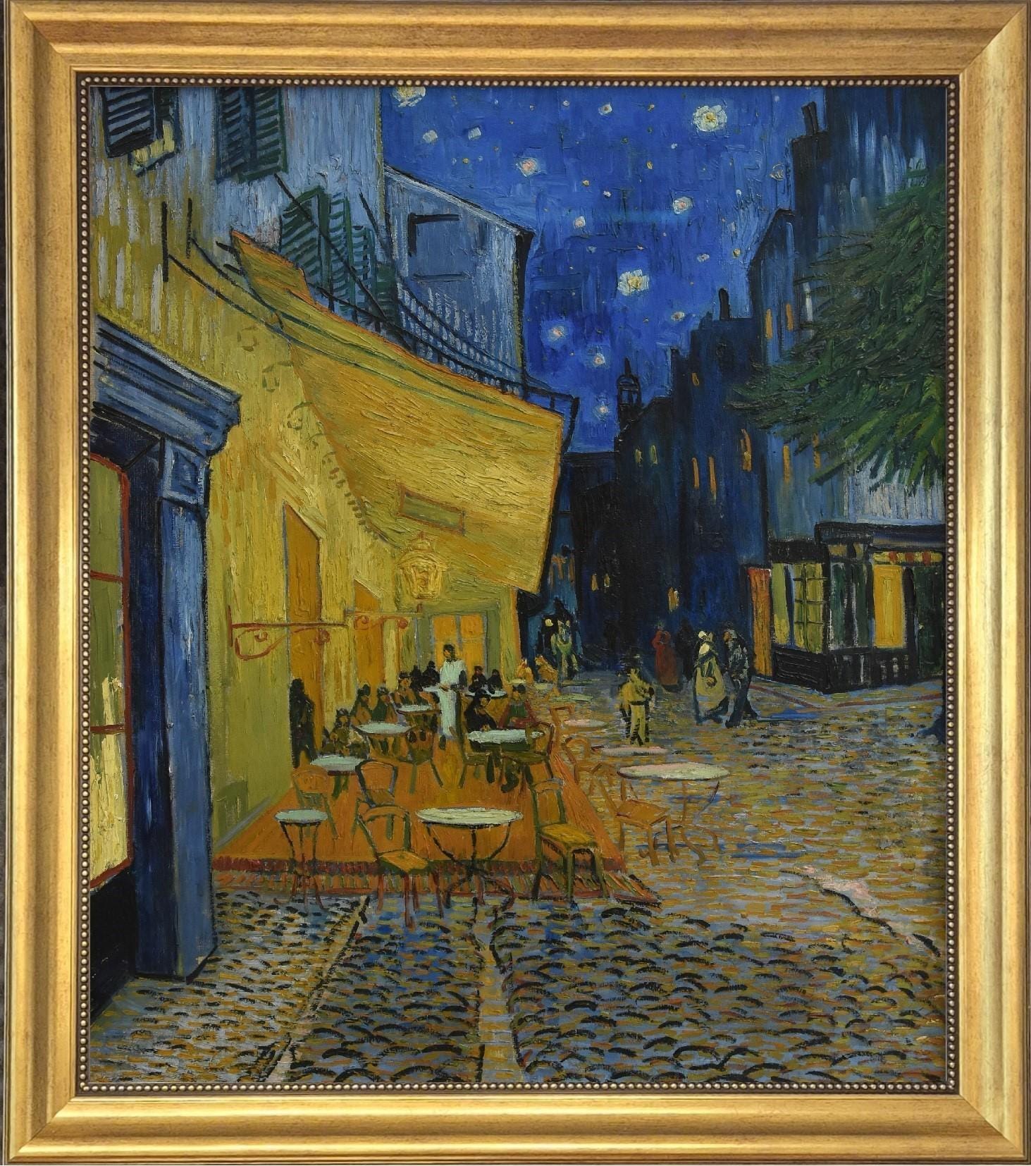 Van Gogh Café Terrace at Night Framed Canvas Giclée, 3D Brushstroke Texture, Vintage Frame FOSHE ART
