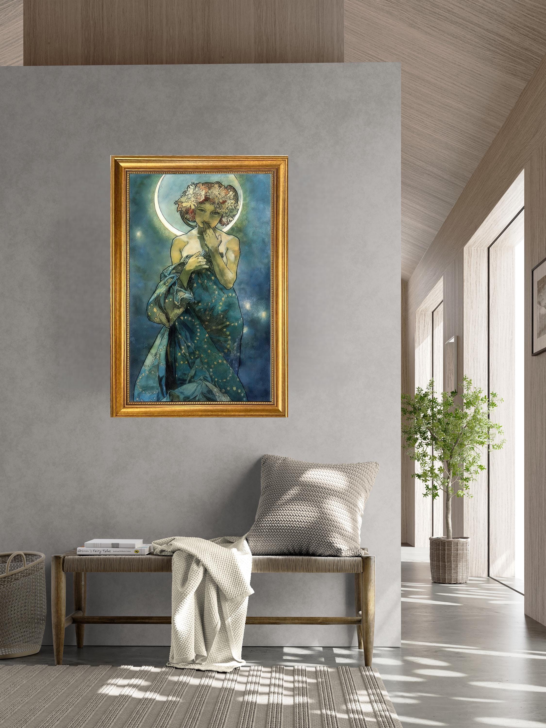 Alphonse Mucha 'Moon and Stars' Framed Canvas Print: Vintage Golden Frame FOSHE ART