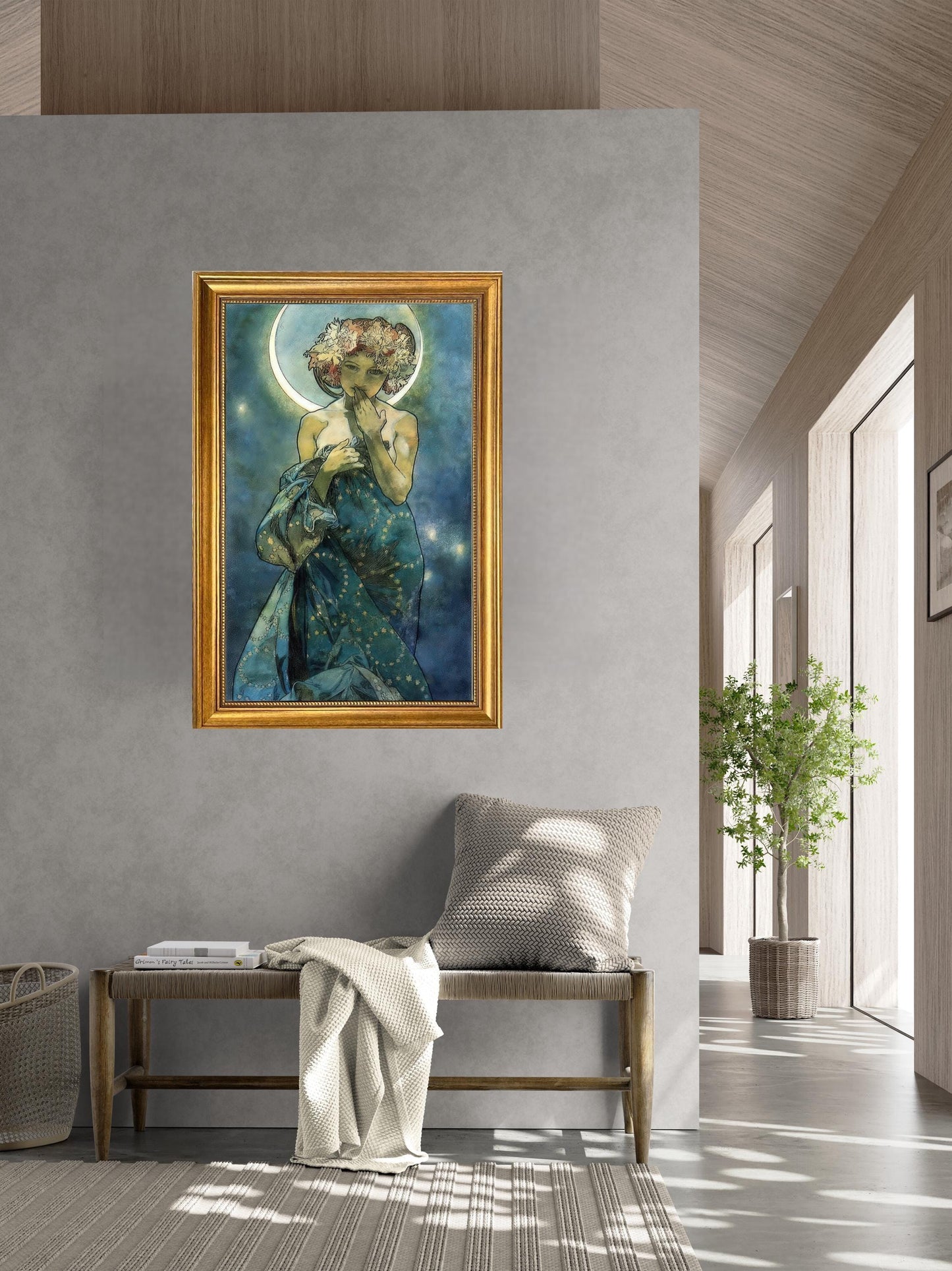 Alphonse Mucha 'Moon and Stars' Framed Canvas Print: Vintage Golden Frame FOSHE ART