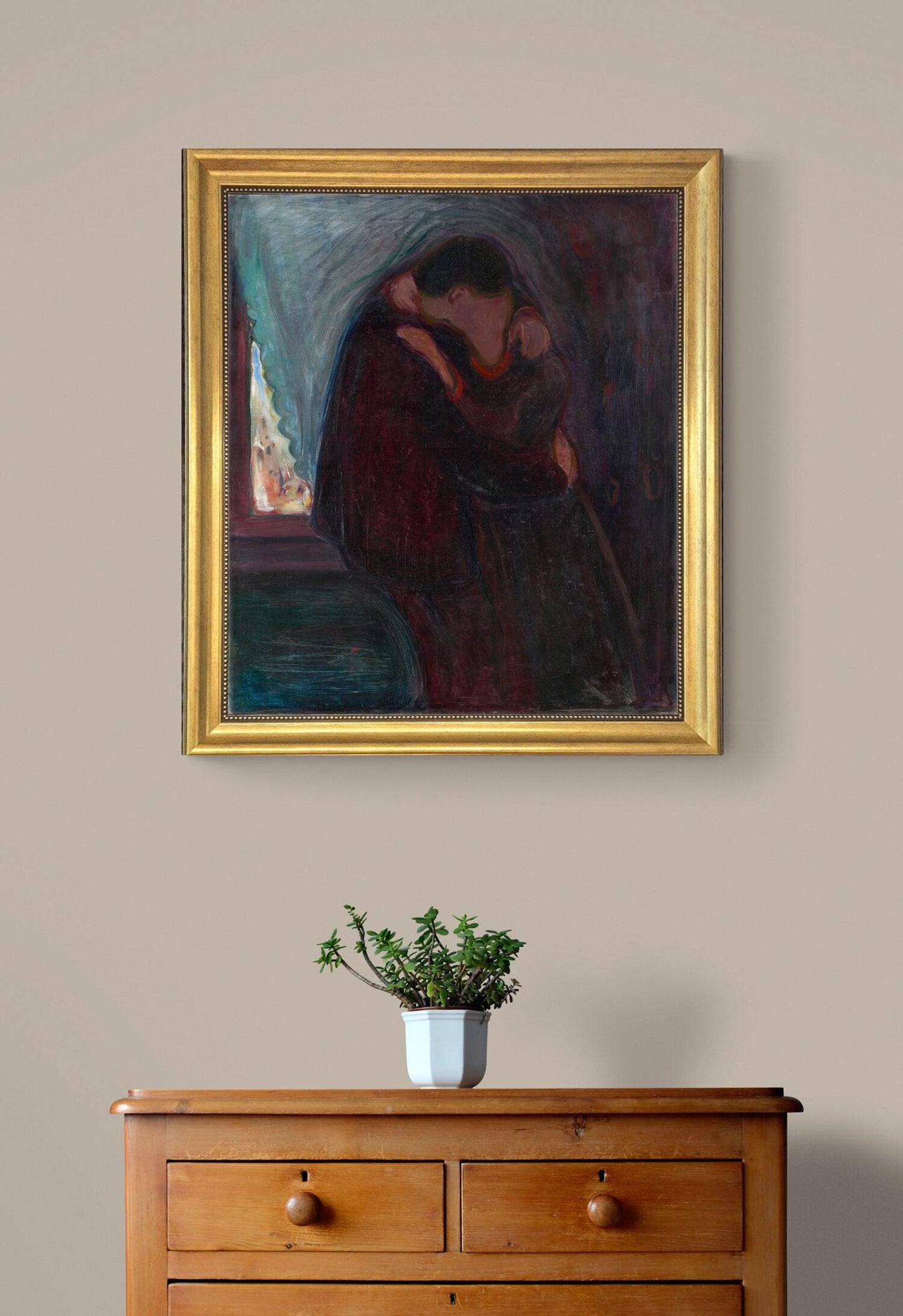 The Kiss - Edvard Munch Canvas Print with Golden Vintage Frame FOSHE ART