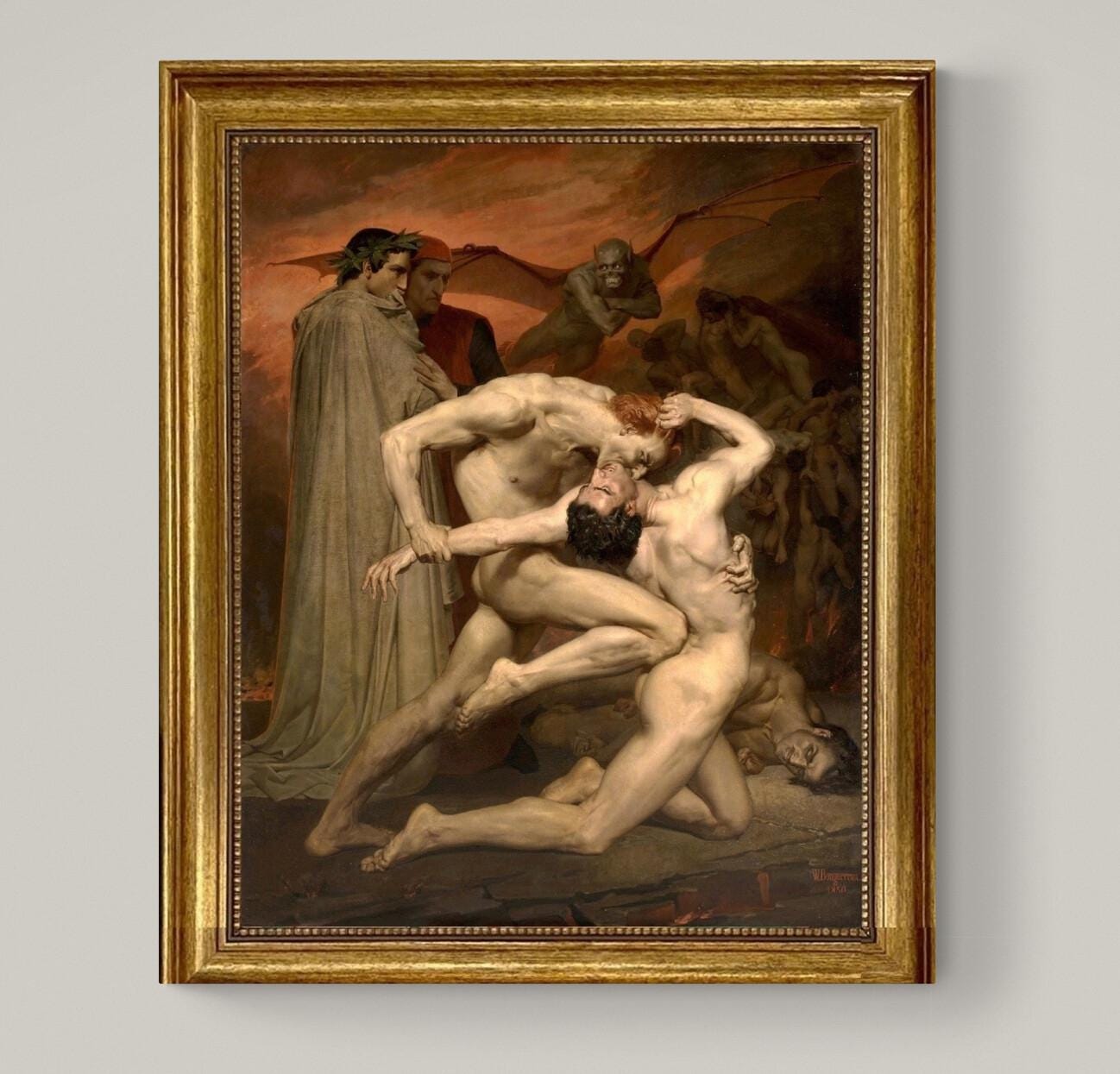 Dante & Virgil in Hell  by W. Bouguereau | Framed Premium Reproduction Print on canvas with brush strokes | looks like original oil painting FOSHE ART