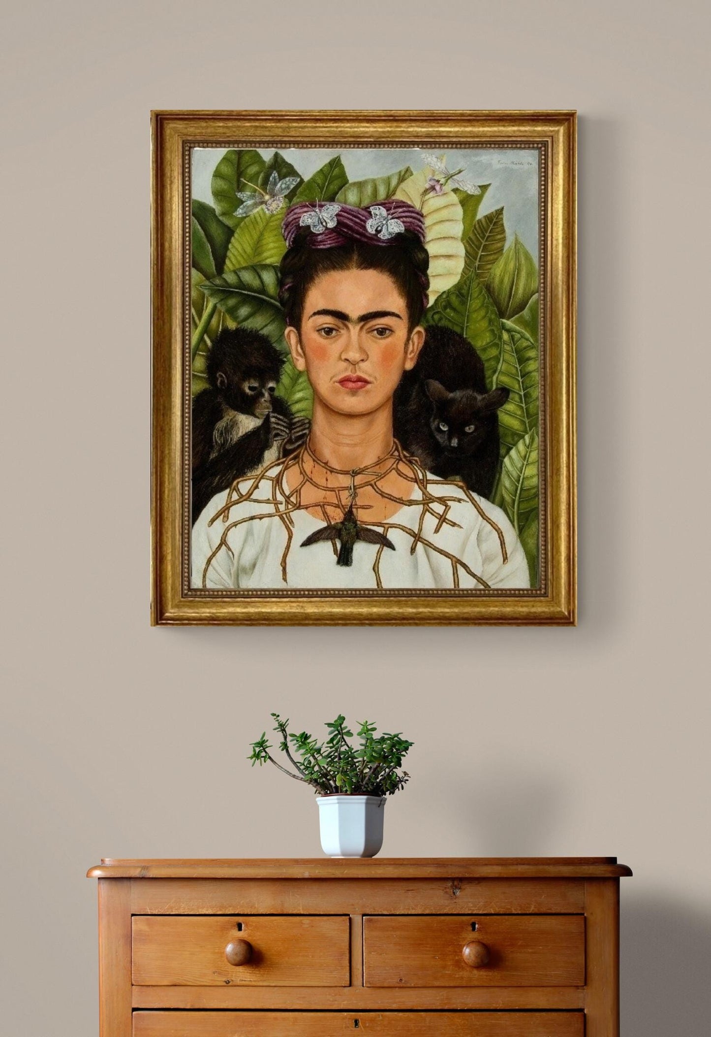 Frida Kahlo Self-Portrait Print: Necklace of Thorns, Framed Canvas Reproduction FOSHE ART
