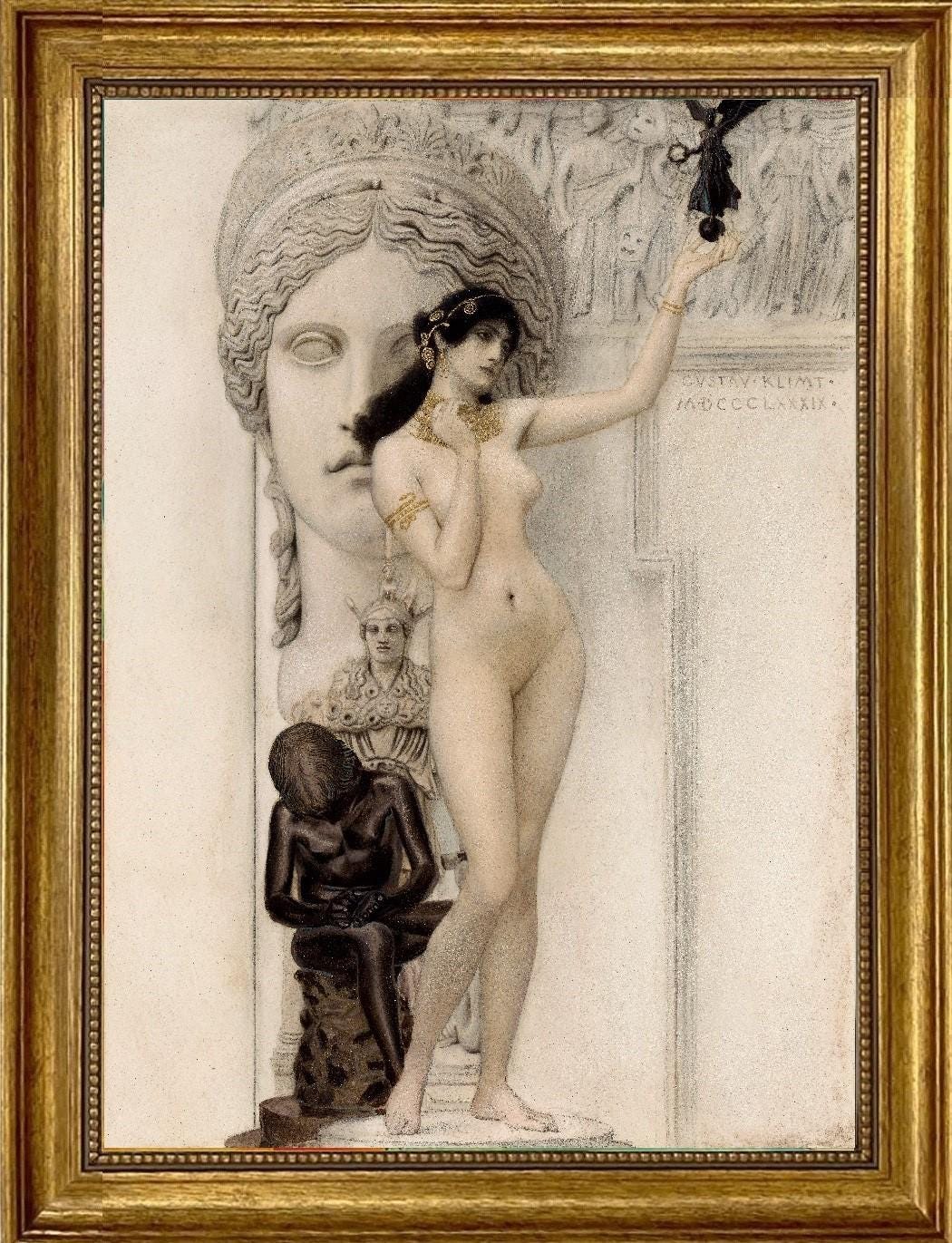 Klimt 'Allegory of Sculpture' Framed Canvas Giclée Print: Golden Vintage Frame FOSHE ART