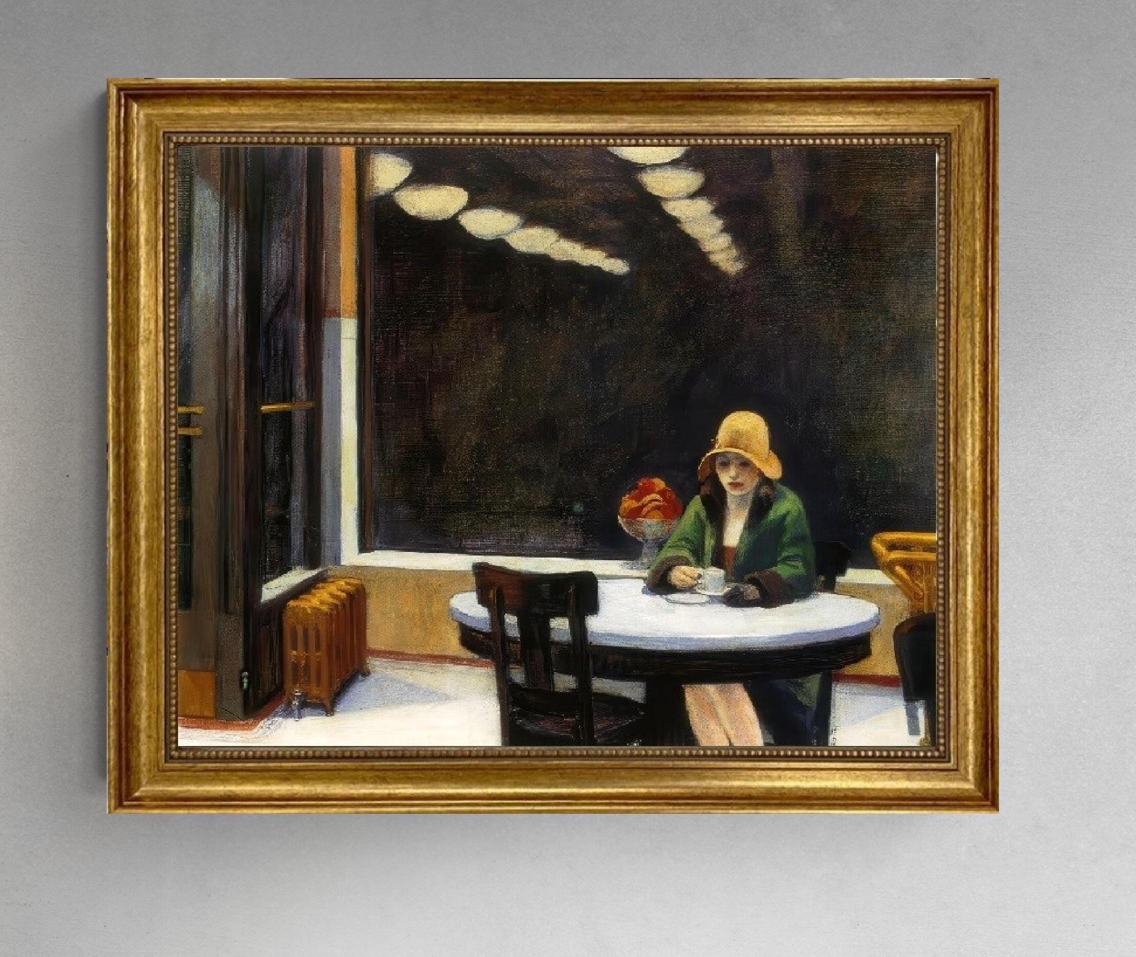 Edward Hopper's Automat Canvas Print with Vintage Golden Frame and Brushstrokes FOSHE ART