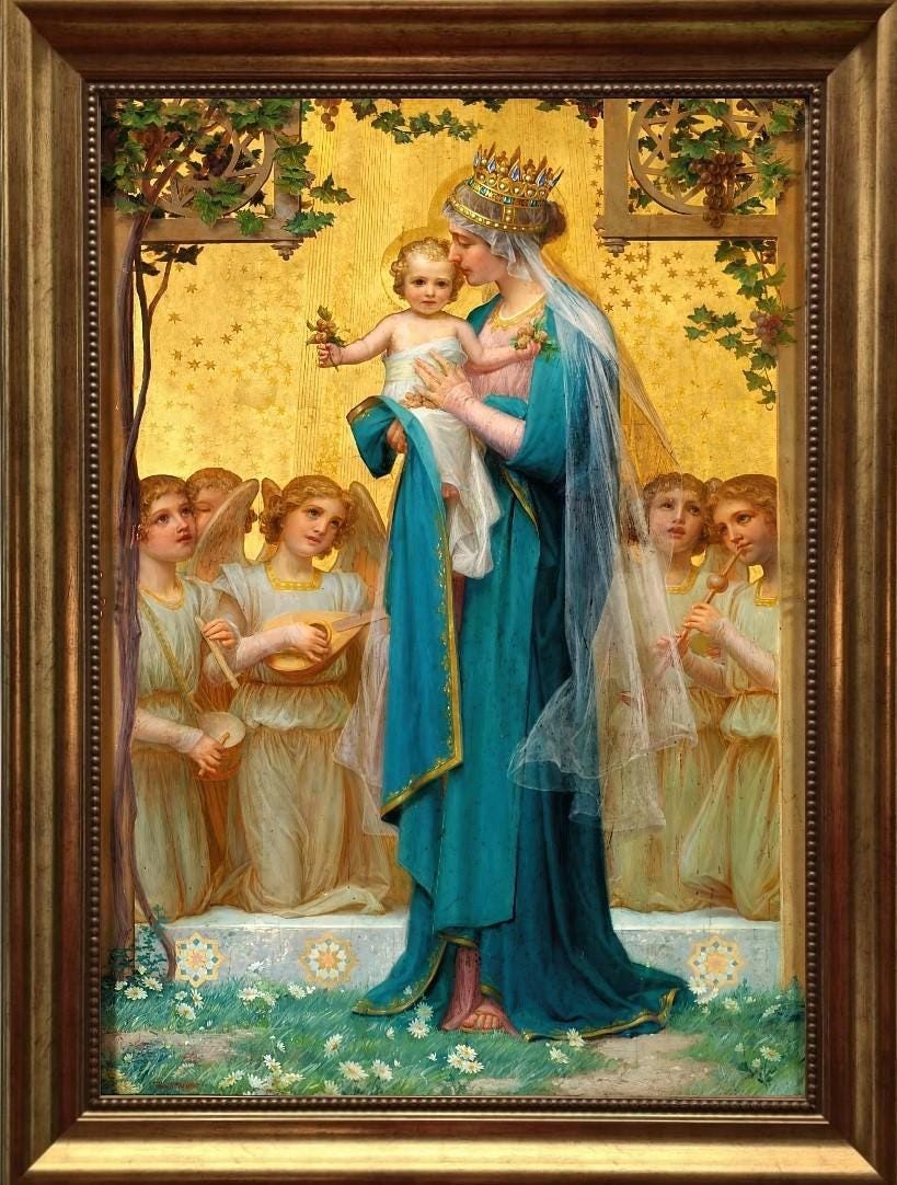 Madonna and Child Canvas Print with Brush Stroke Texture, Vintage Golden Frame FOSHE ART