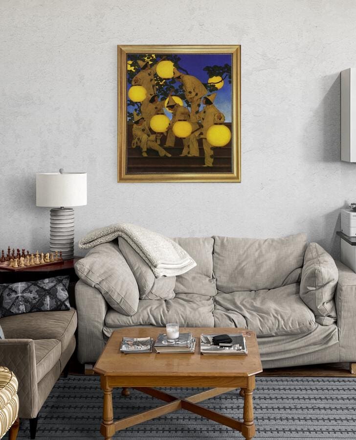 Lantern Bearers by Maxfield Parrish framed reproduction, 3D Hand-finish canvas with brush strokes, looks like original, Golden Vintage Frame FOSHE ART