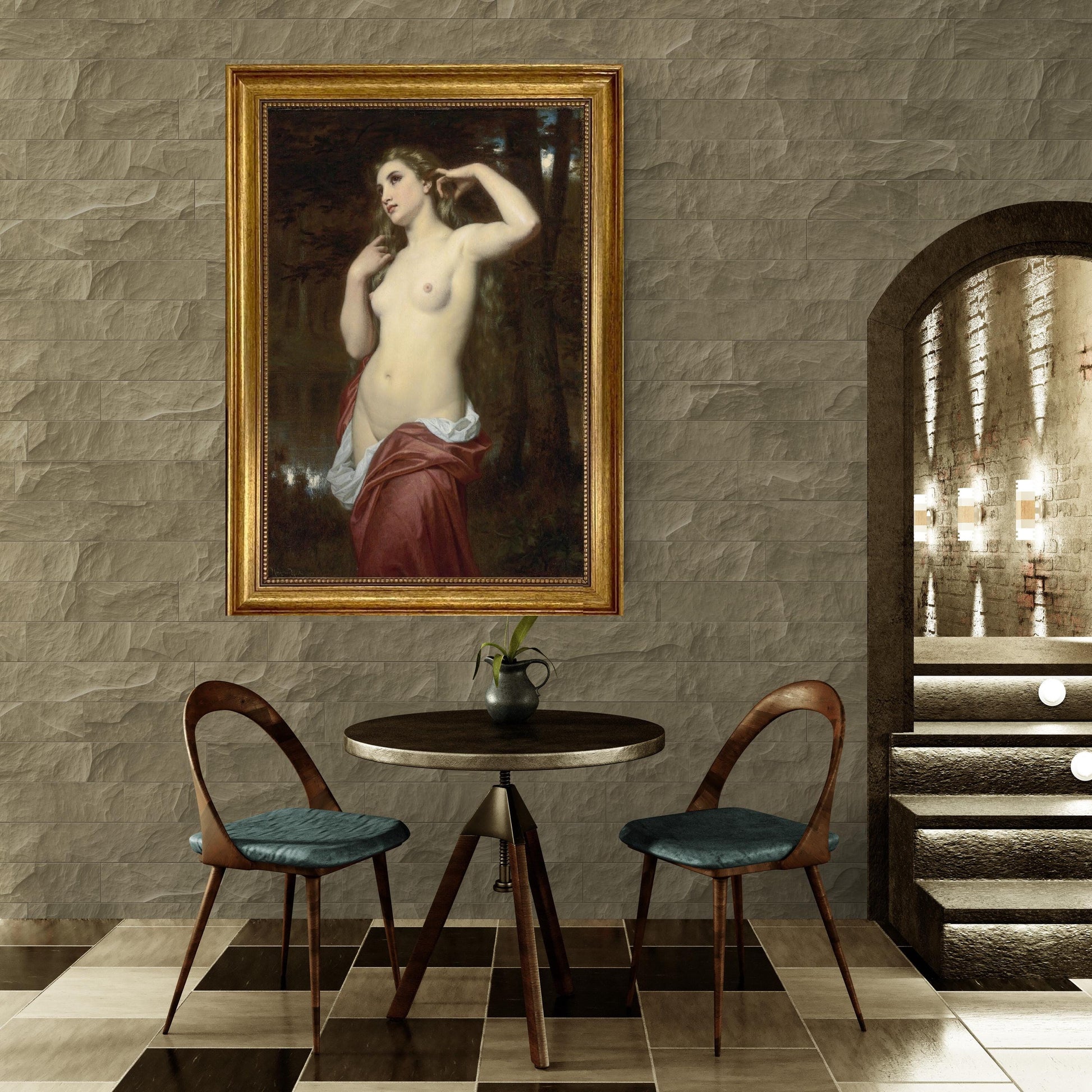 The Bather by Hugues Merle | Framed Canvas 3D Print with hand finished brush strokes | Golden Vintage Frame | Looks like original art FOSHE ART