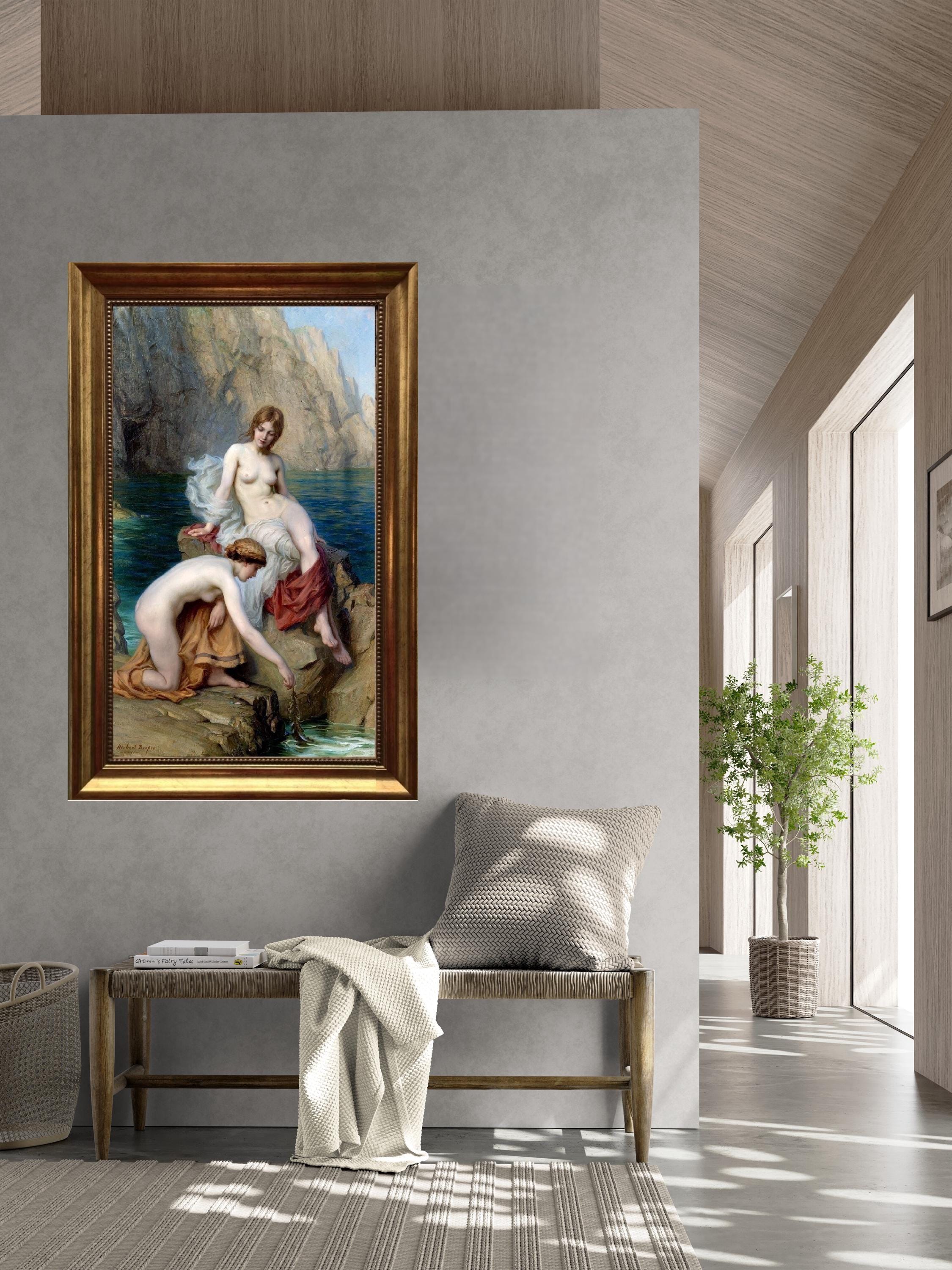 Summer Seas by Herbert James Draper, Framed Canvas Giclée Print Reproduction, 3D hand finish print with brush strokes, Golden Vintage Frame FOSHE ART