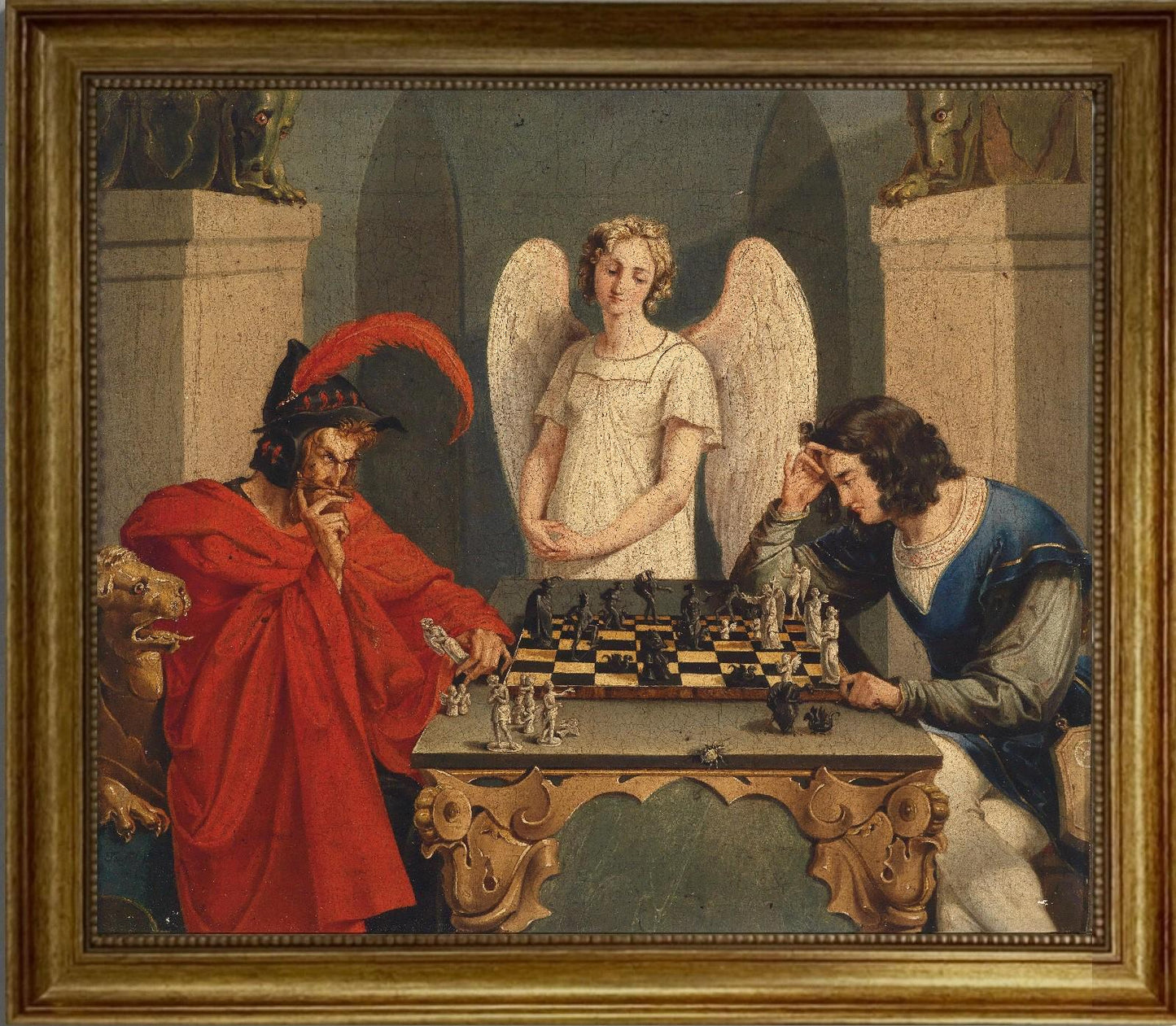 Witchcraft Angel: Faust And Mephistopheles Playing Chess by Moritz Retzsch, Canvas Painting, Hand Finished 3D Print with brush strokes FOSHE ART