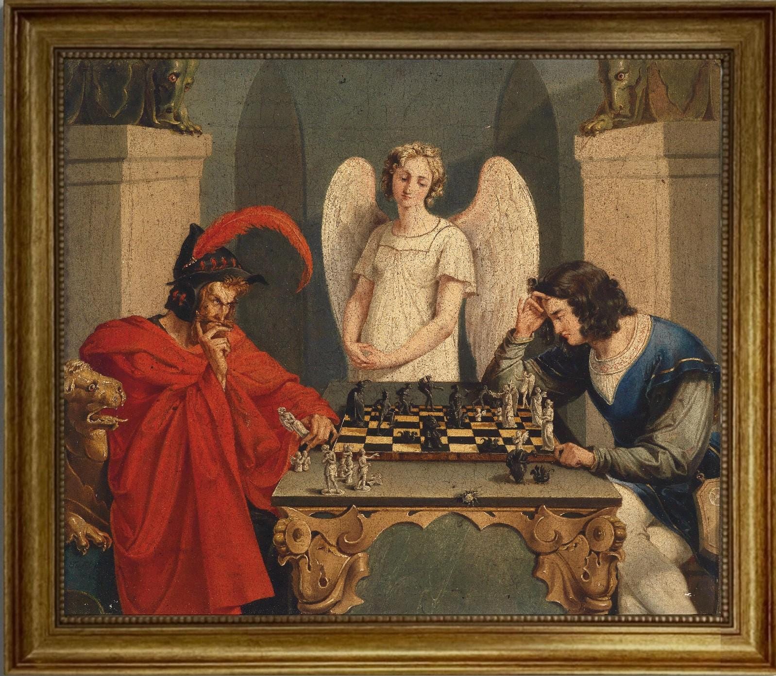 Faust & Mephistopheles Playing Chess by Moritz Retzsch, 3D Hand-finish canvas with brush strokes, looks like original, Golden Vintage Frame FOSHE ART