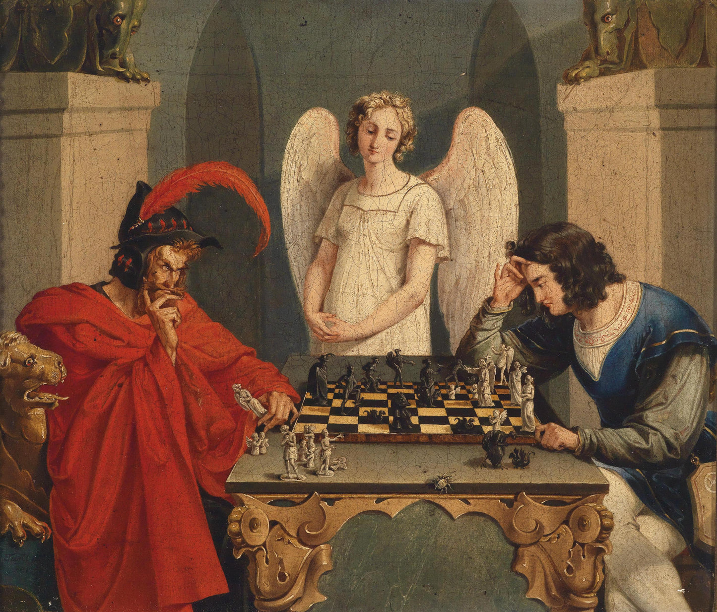 Faust & Mephistopheles Playing Chess by Moritz Retzsch, 3D Hand-finish canvas with brush strokes, looks like original, Golden Vintage Frame FOSHE ART