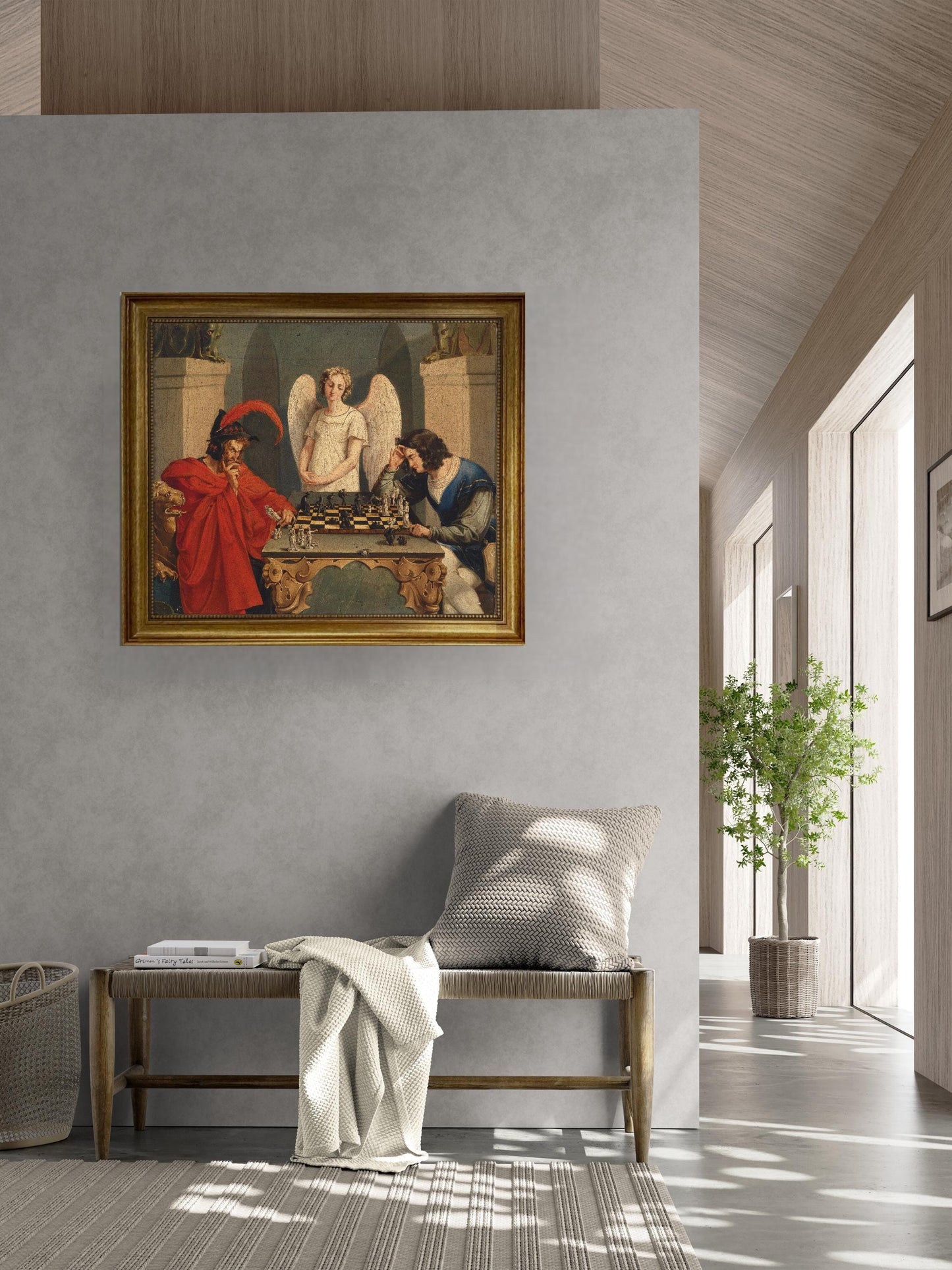 Witchcraft Angel: Faust And Mephistopheles Playing Chess by Moritz Retzsch, Canvas Painting, Hand Finished 3D Print with brush strokes FOSHE ART