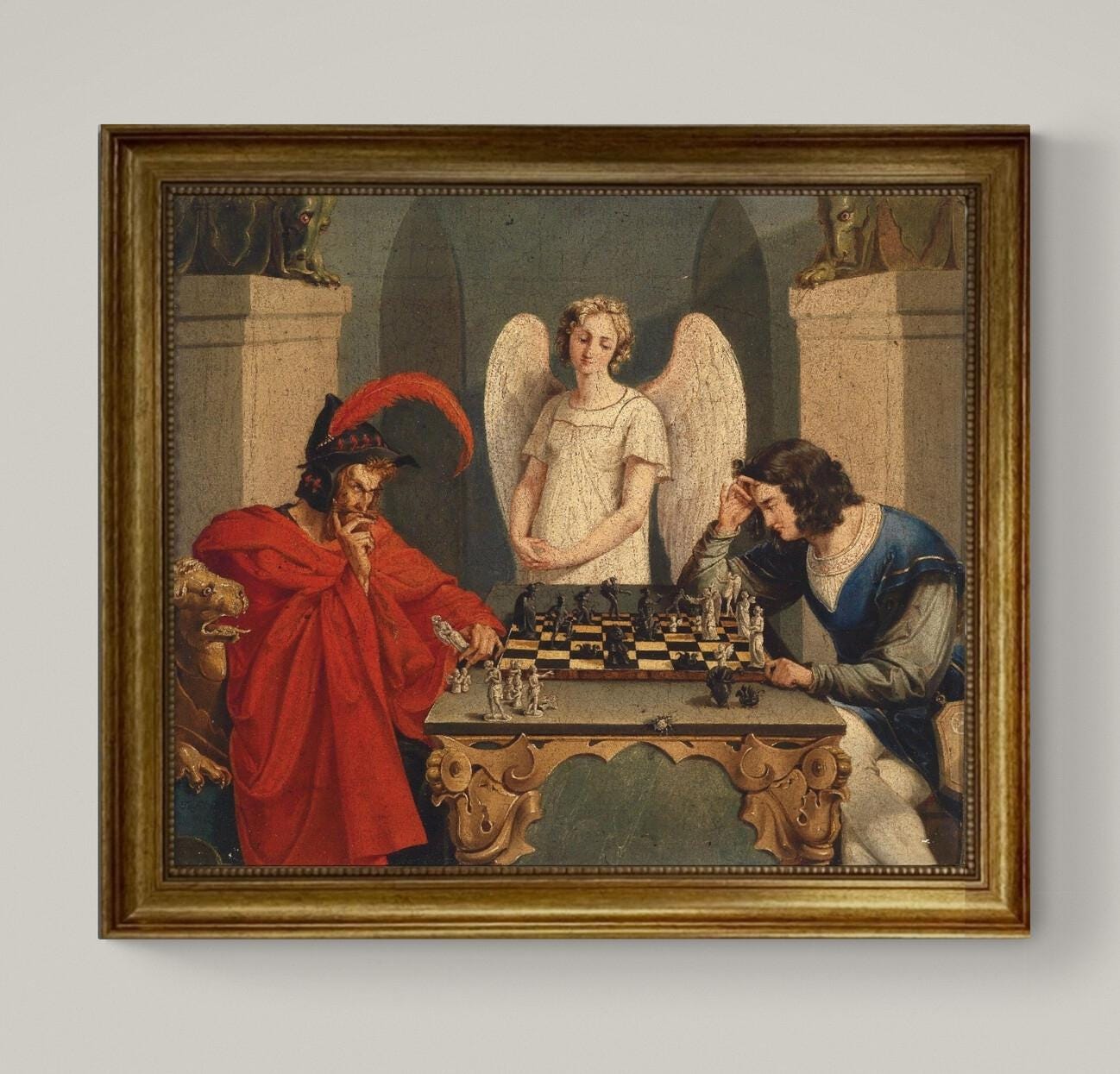 Faust & Mephistopheles Playing Chess by Moritz Retzsch, 3D Hand-finish canvas with brush strokes, looks like original, Golden Vintage Frame FOSHE ART