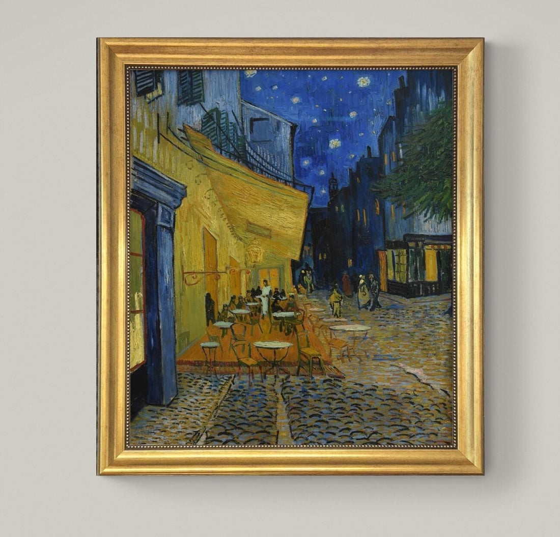 Van Gogh Café Terrace at Night Framed Canvas Giclée, 3D Brushstroke Texture, Vintage Frame FOSHE ART