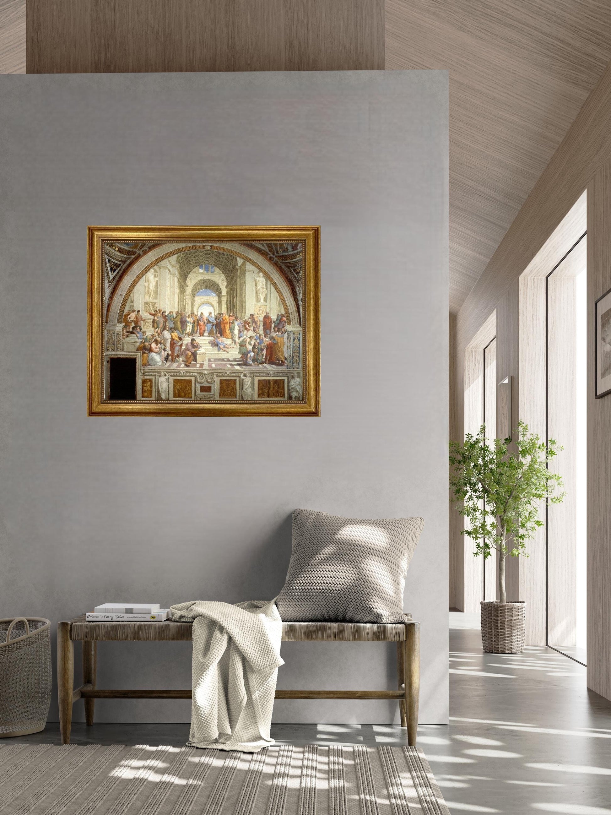 The School of Athens by Raphael, 3D Hand-finish canvas with brush strokes, looks like original, Golden Vintage Frame FOSHE ART