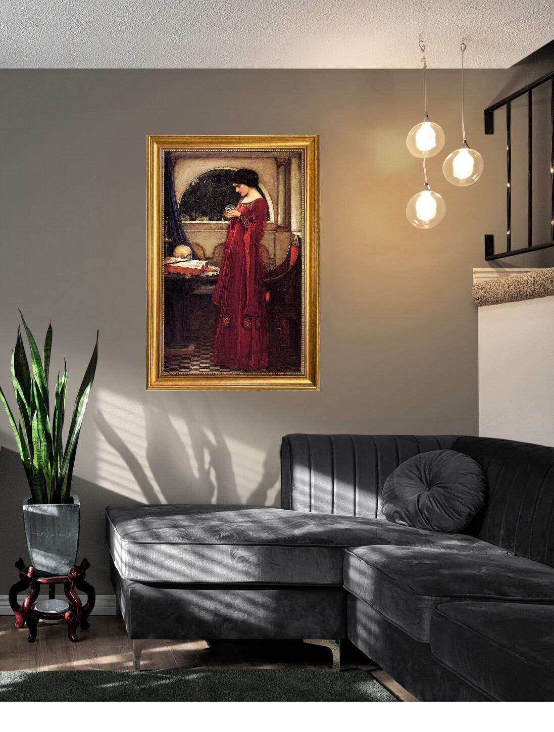 JW Waterhouse "The Cristal Ball" Framed Canvas Print: Golden Vintage Frame and Brush Strokes FOSHE ART