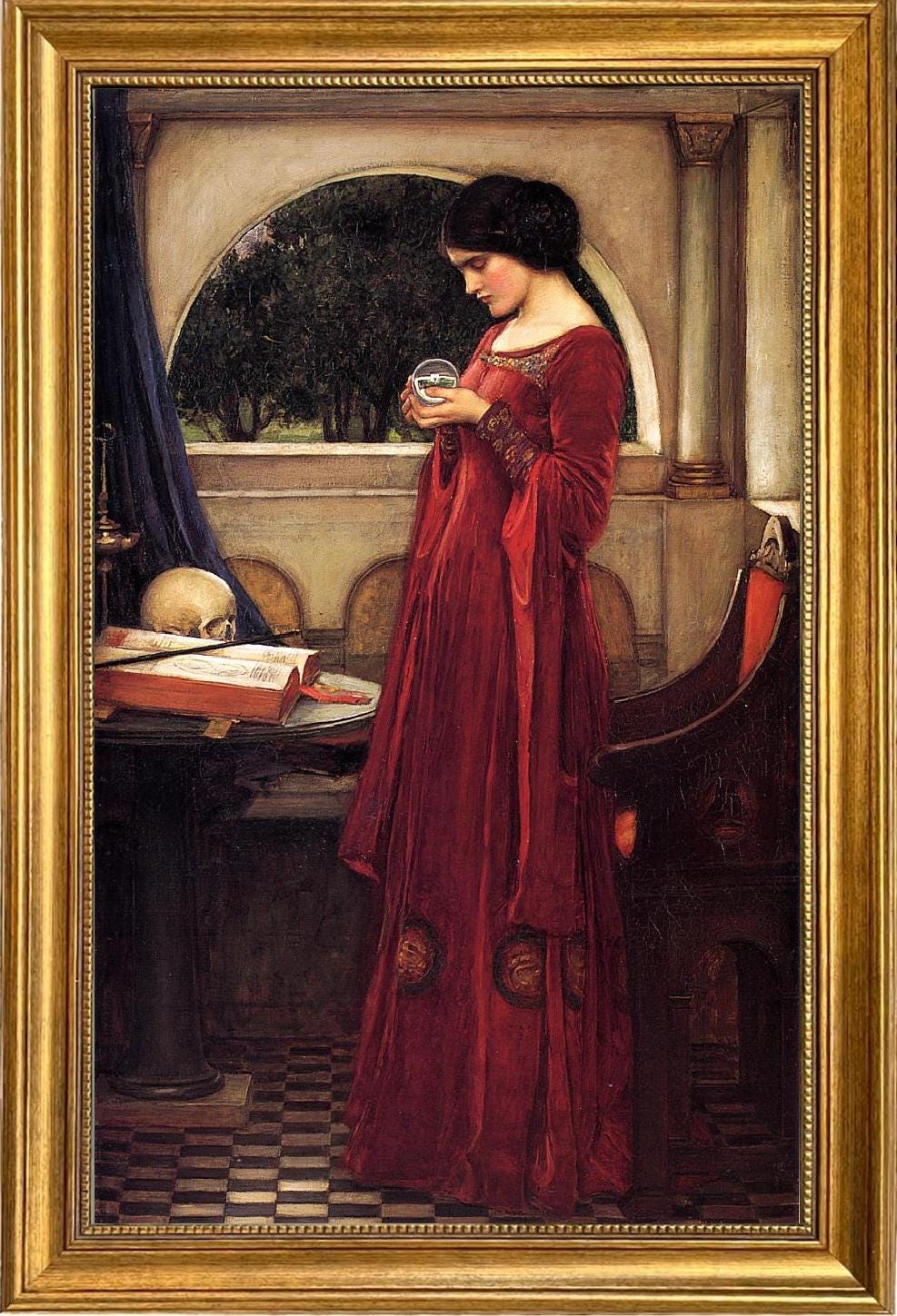 JW Waterhouse "The Cristal Ball" Framed Canvas Print: Golden Vintage Frame and Brush Strokes FOSHE ART