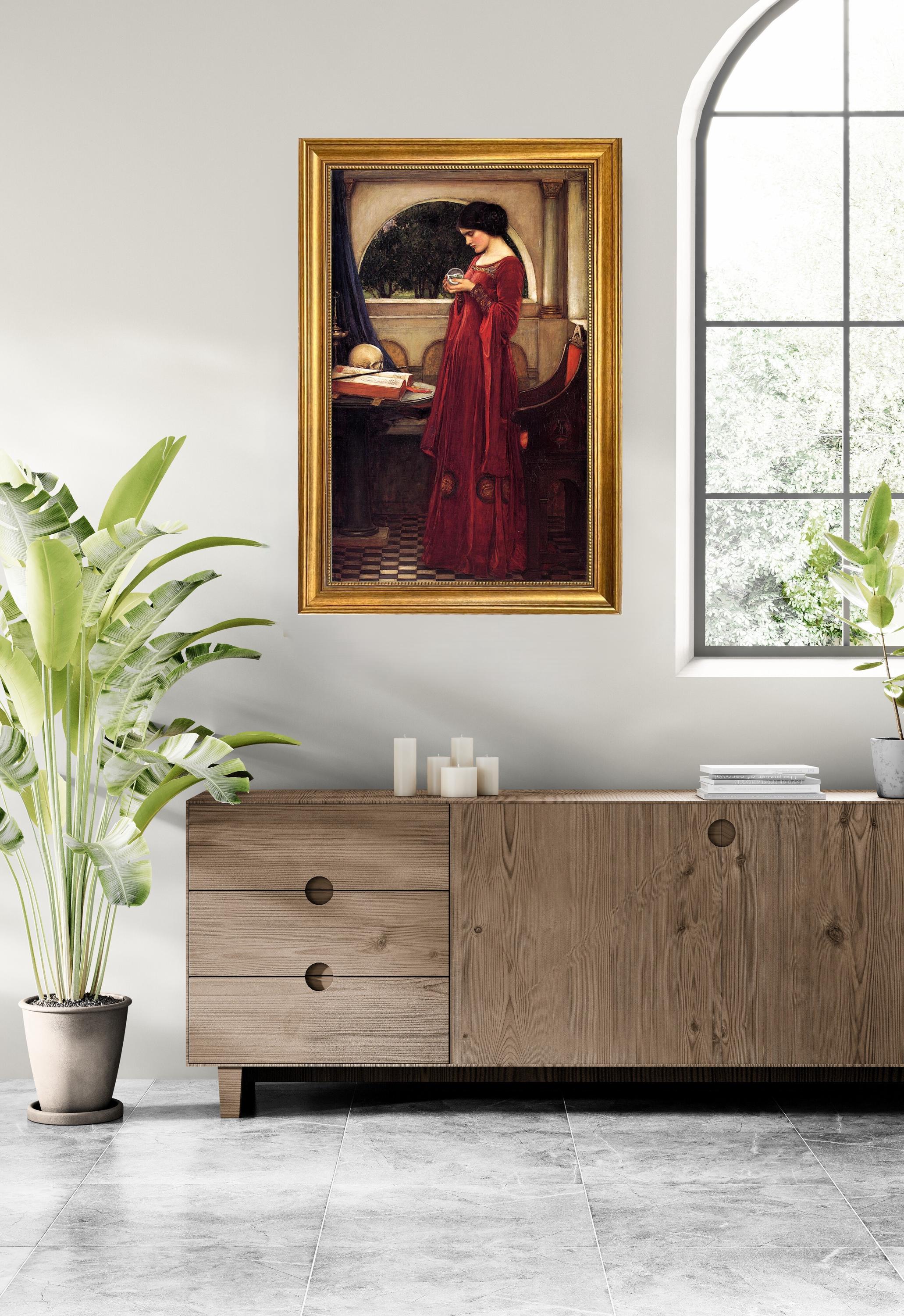The Cristal Ball by JW Waterhouse | Framed Canvas 3D Print with hand finished brush strokes | Golden Vintage Frame | Looks like original art FOSHE ART