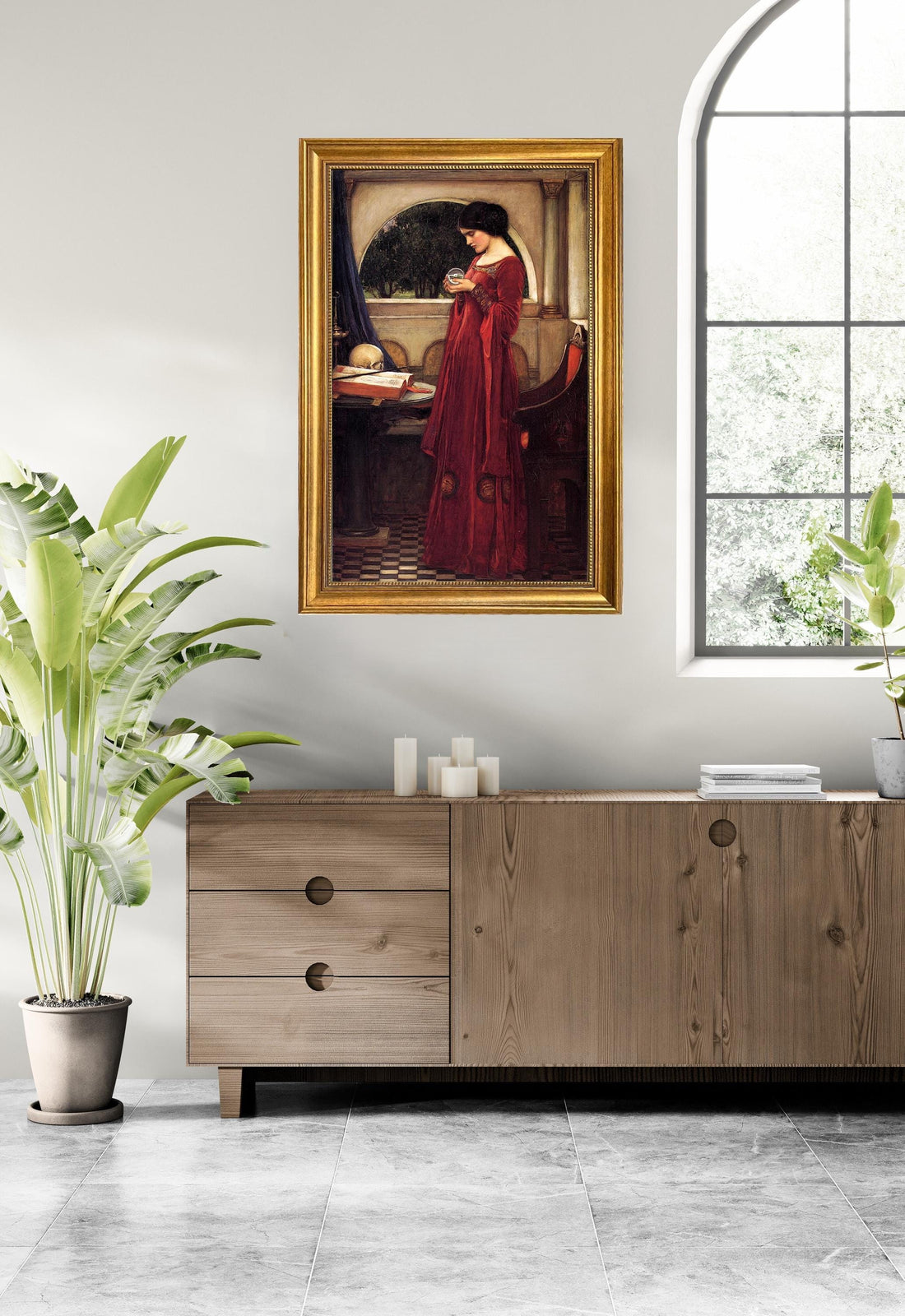 JW Waterhouse "The Cristal Ball" Framed Canvas Print: Golden Vintage Frame and Brush Strokes FOSHE ART